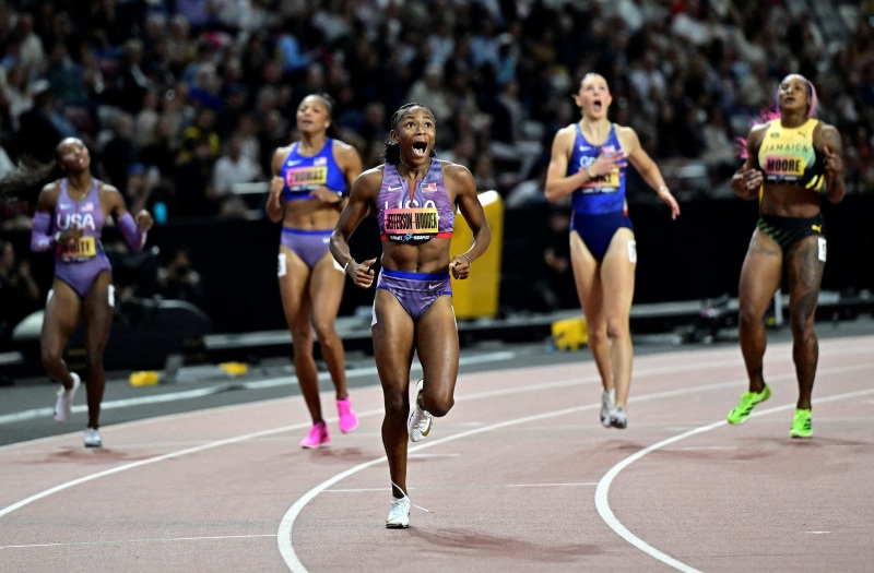 Athletics - 2026 World Athletics Ultimate Championships - National Athletics Centre, Budapest, Hungary - September 13, 2026 Melissa Jefferson-Wooden of the U.S. celebrates as she crosses the line to win the Women's 200m final