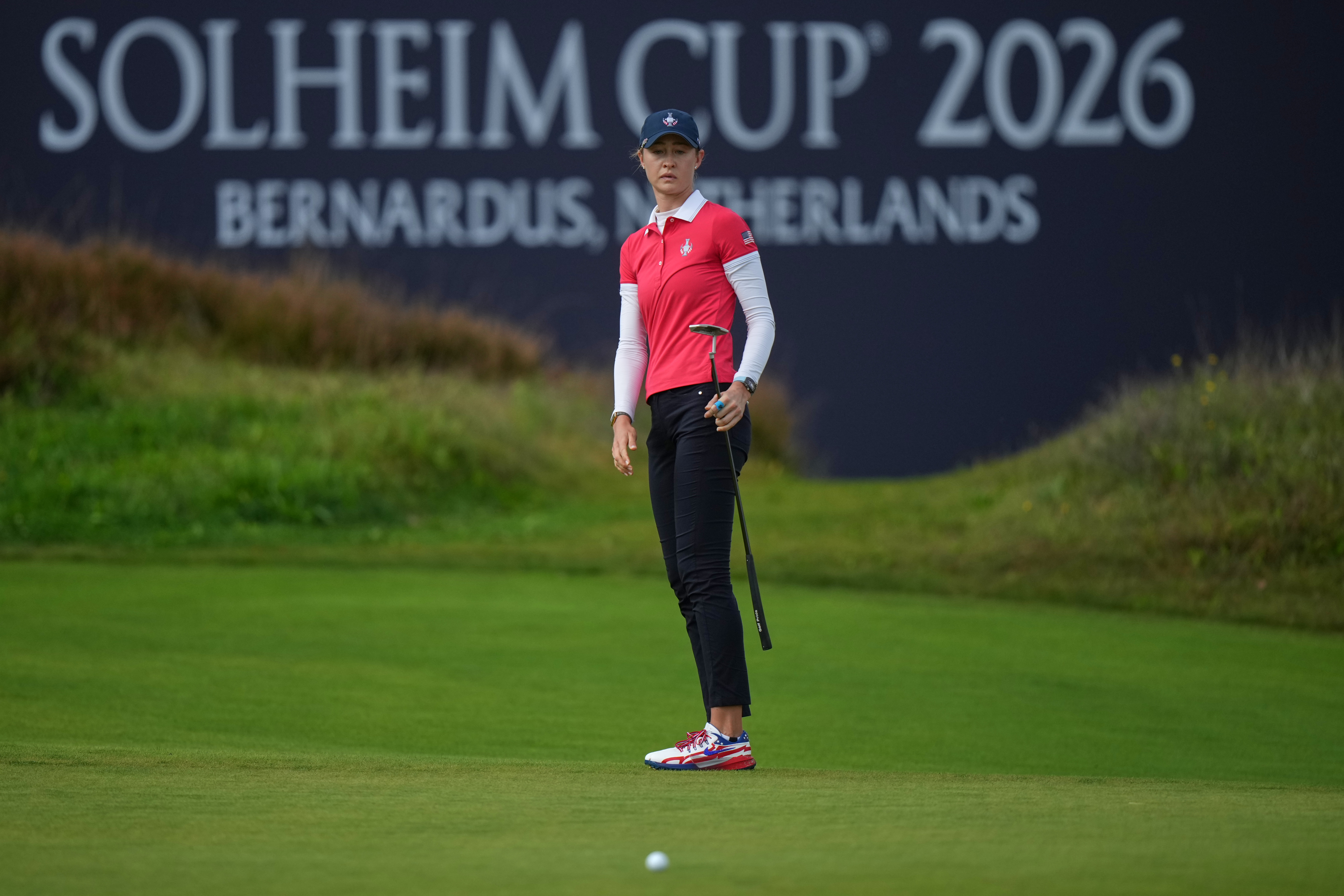 Nelly Korda of the United States misses a putt on the 15th green during the final day of the Solheim Cup in Den Bosch, Netherlands, Sunday, Sept. 13, 2026. 