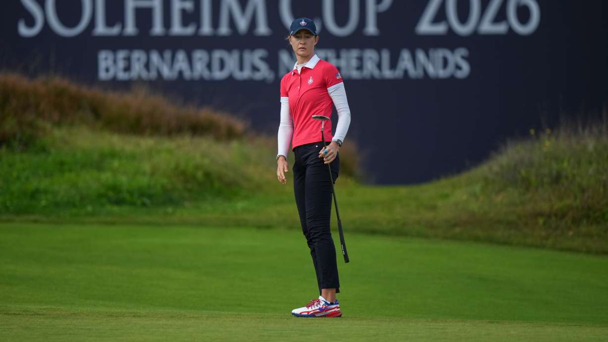 Nelly Korda of the United States misses a putt on the 15th green during the final day of the Solheim Cup in Den Bosch, Netherlands, Sunday, Sept. 13, 2026.