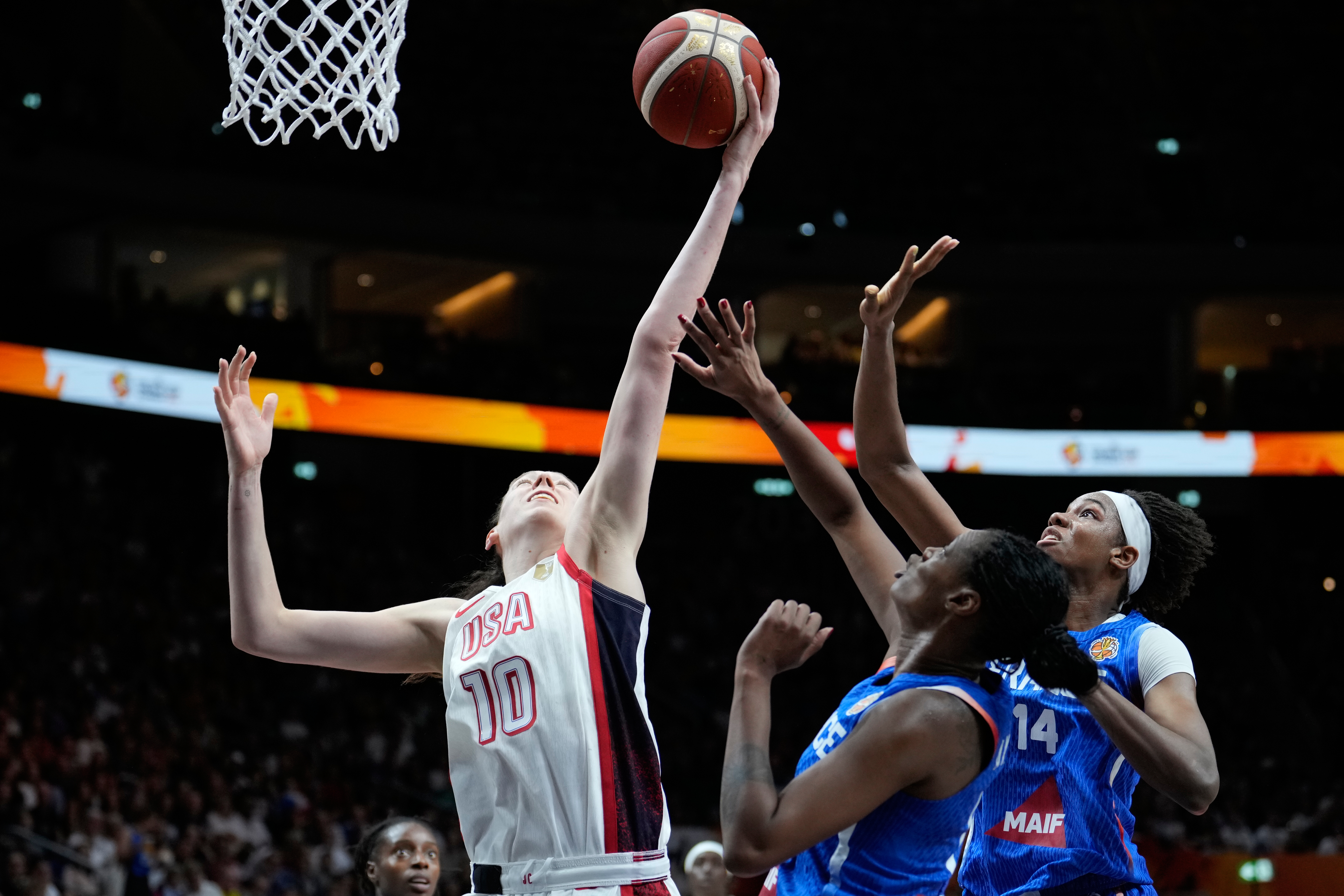 Breanna Stewart, of the United States, gets a rebound during the Women's Basketball World Cup final match between the United States and France in Berlin, Sunday, Sept. 13, 2026. 