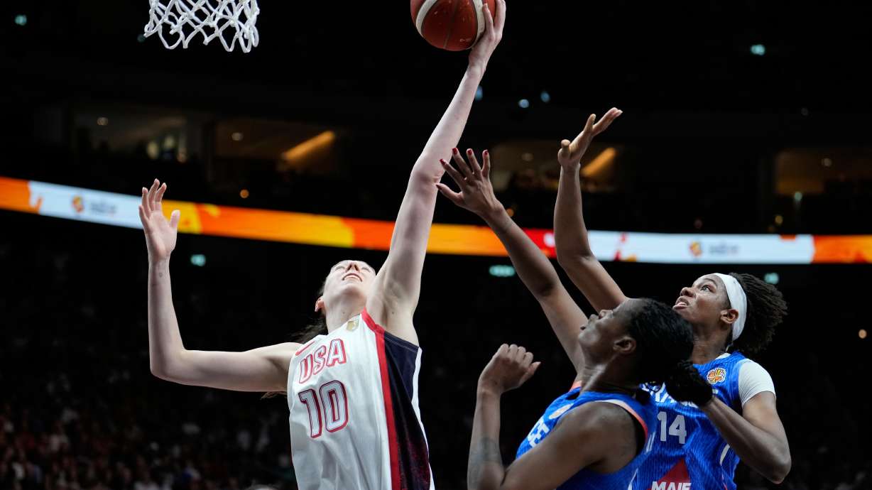 Breanna Stewart, of the United States, gets a rebound during the Women's Basketball World Cup final match between the United States and France in Berlin, Sunday, Sept. 13, 2026.