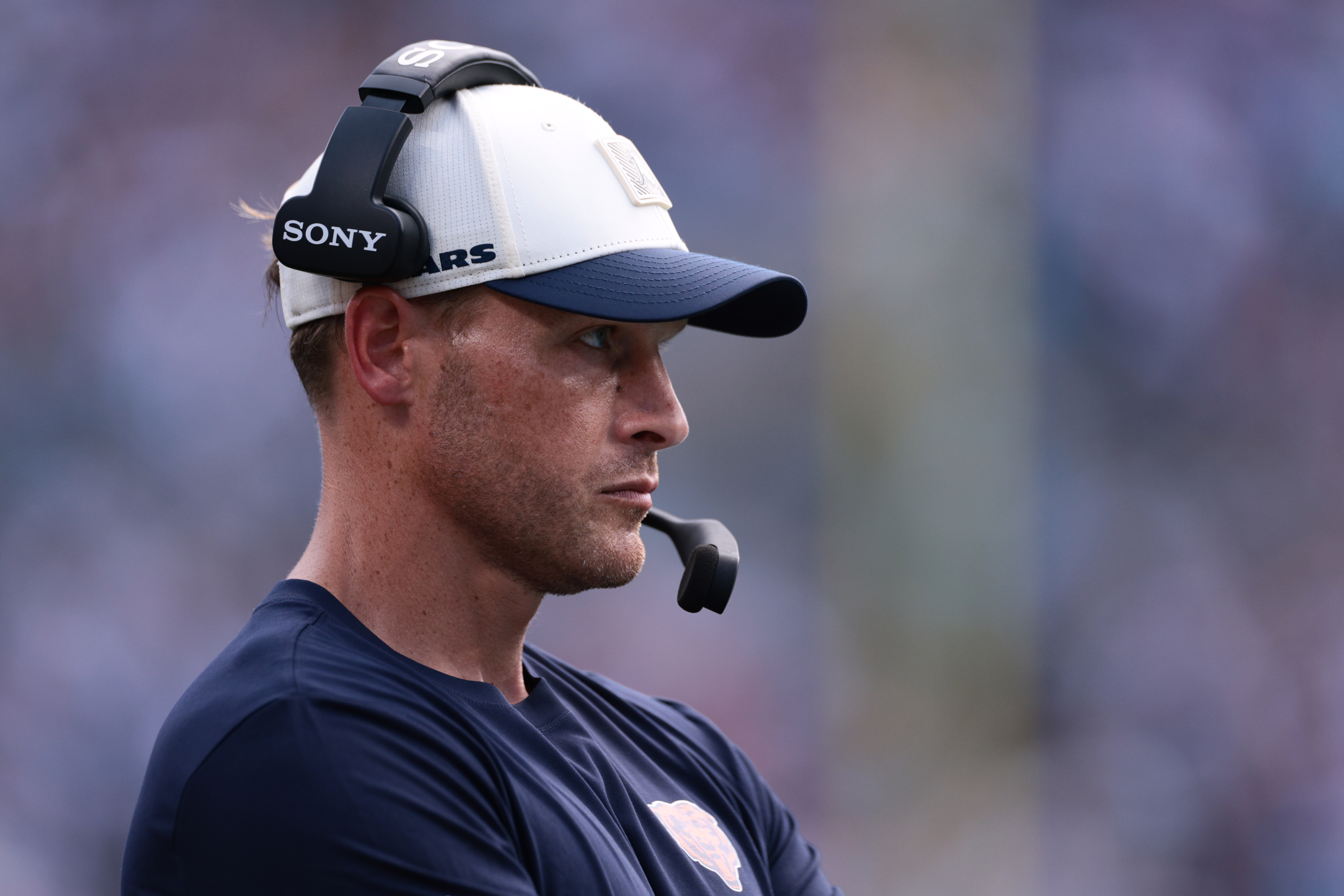 Chicago Bears head coach Ben Johnson looks on during the first half of an NFL football game, Sunday, Sept. 13, 2026, in Charlotte, N.C. 