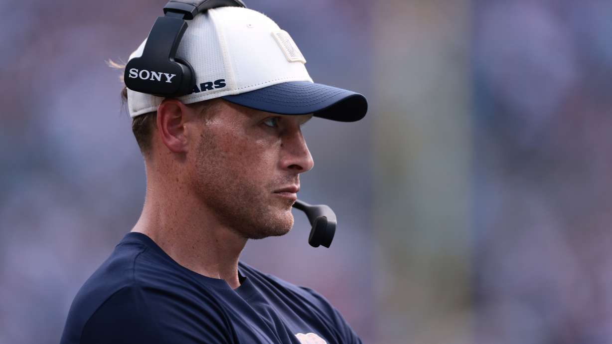 Chicago Bears head coach Ben Johnson looks on during the first half of an NFL football game, Sunday, Sept. 13, 2026, in Charlotte, N.C.