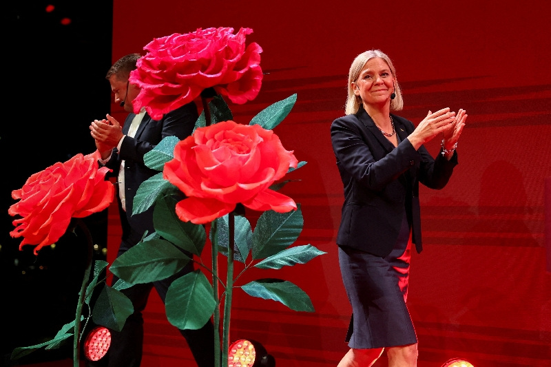 Swedish Social Democratic Party Magdalena Andersson claps on stage as the general election's voting results are released in Stockholm, Sweden, on Sunday.