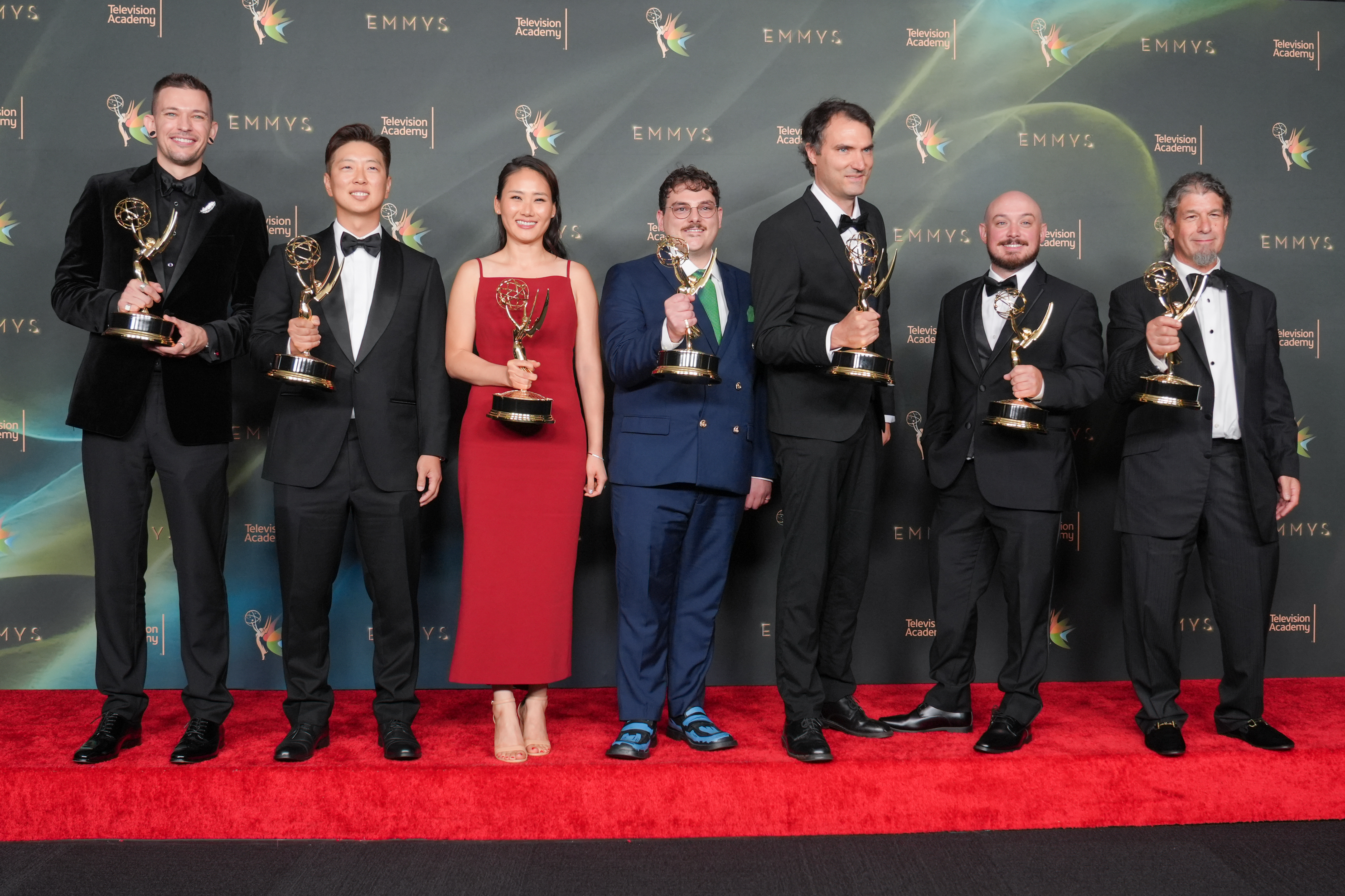 The team from "Widow's Bay" poses in the press room with the award for outstanding sound mixing for a comedy or drama series (half-hour) and animation during night two of the Creative Arts Emmy Awards on Sunday, Sept. 6, in Los Angeles.