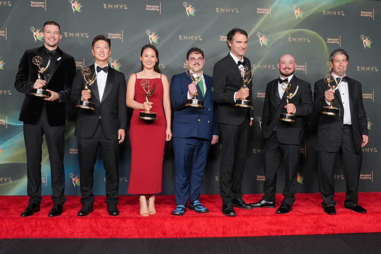 The team from "Widow's Bay" poses in the press room with the award for outstanding sound mixing for a comedy or drama series (half-hour) and animation during night two of the Creative Arts Emmy Awards on Sunday, Sept. 6, in Los Angeles.
