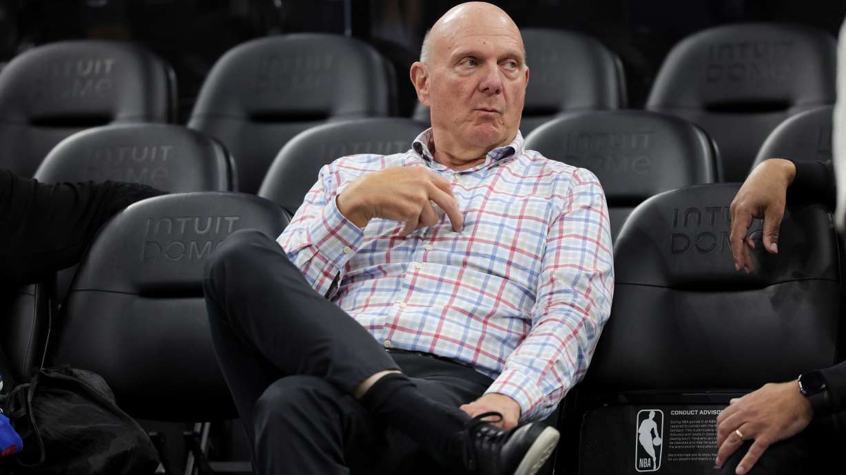 FILE - Los Angeles Clippers owner Steve Ballmer sits on the sideline before an NBA basketball game against the Chicago Bulls on March 13, 2026, in Inglewood, Calif.