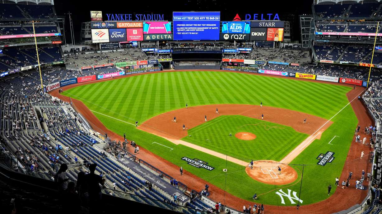 FILE - The grounds crew grooms the field before Game 3 of baseball's American League Division Series between the New York Yankees and the Toronto Blue Jays, Tuesday, Oct. 7, 2025, in New York.