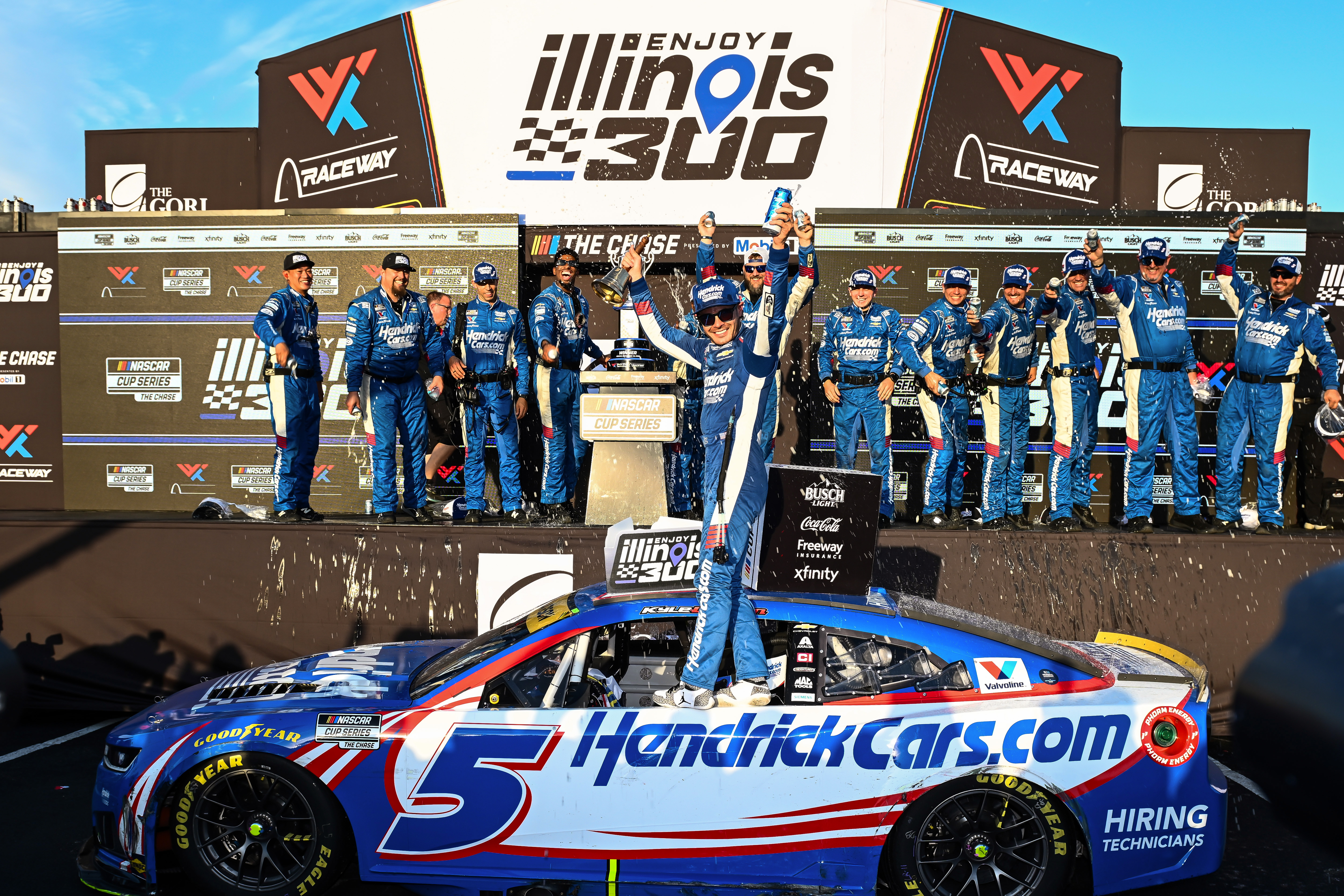 Kyle Larson celebrates after winning a NASCAR Cup Series auto race Sunday, Sept. 13, 2026, in Madison, Ill. 