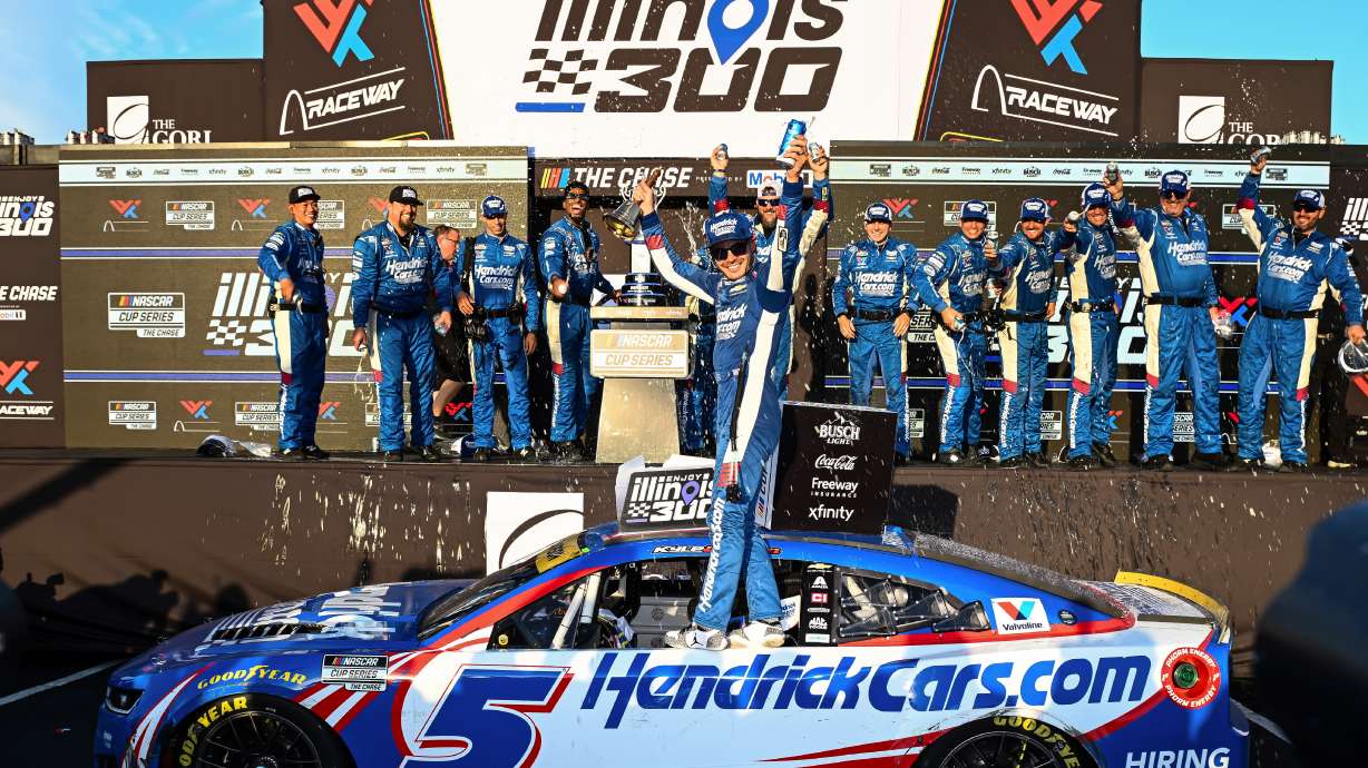Kyle Larson celebrates after winning a NASCAR Cup Series auto race Sunday, Sept. 13, 2026, in Madison, Ill.