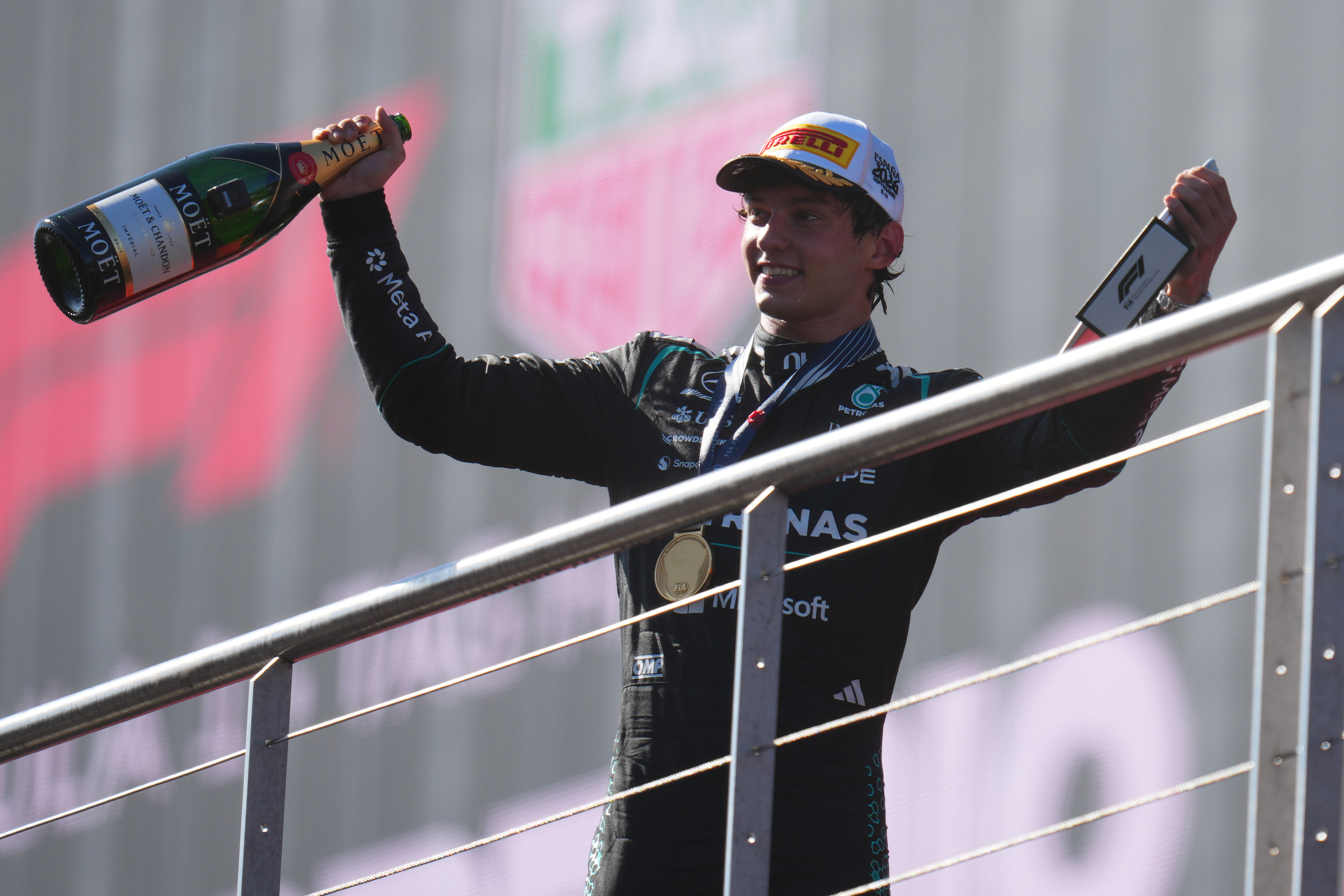 Mercedes driver Andrea Kimi Antonelli of Italy celebrates on the podium after winning the Spanish Formula One Grand Prix race in Madrid, Sunday, Sept. 13, 2026. 