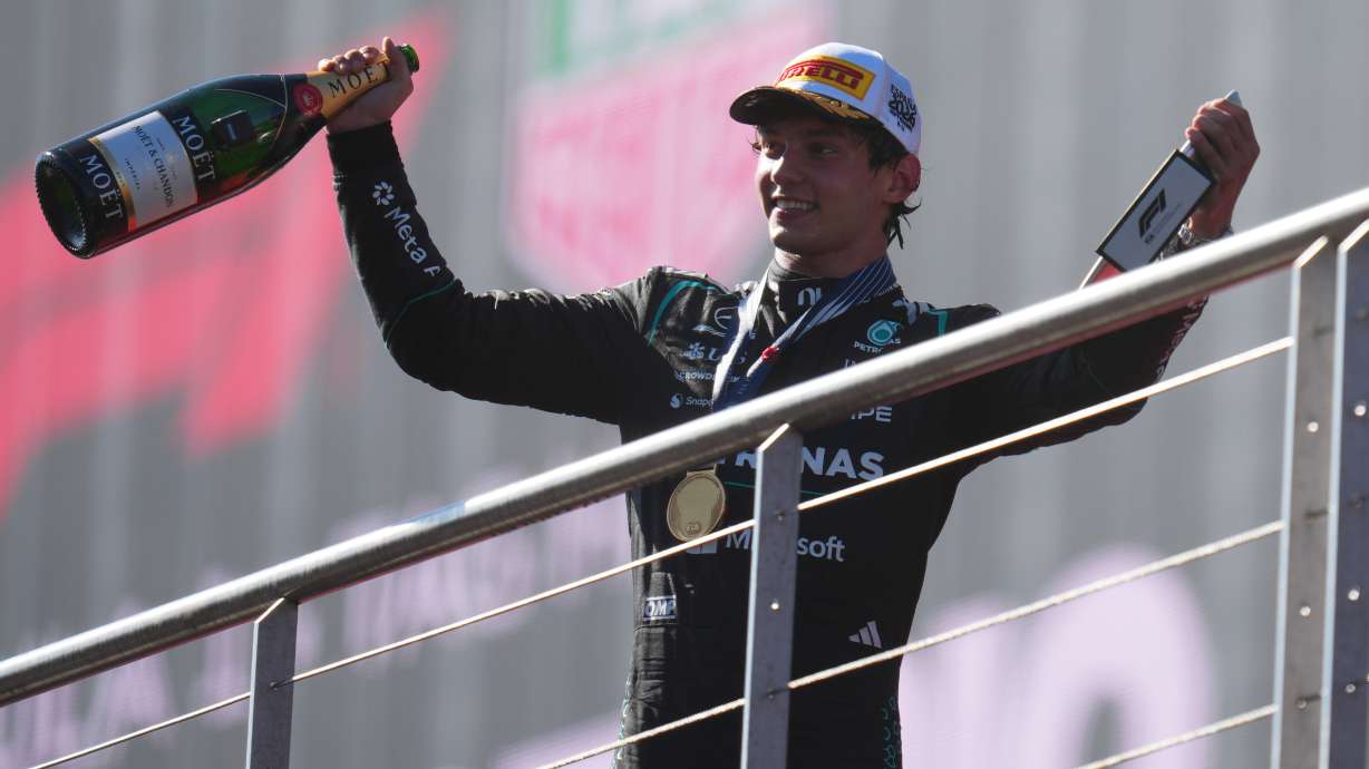 Mercedes driver Andrea Kimi Antonelli of Italy celebrates on the podium after winning the Spanish Formula One Grand Prix race in Madrid, Sunday, Sept. 13, 2026.