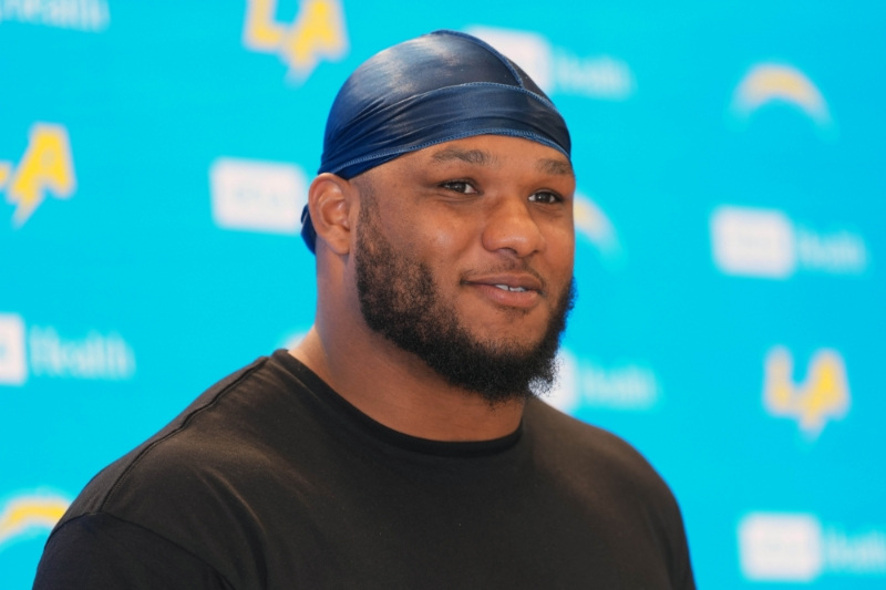 May 12, 2025; El Segundo, CA, USA; Los Angeles Chargers defensive end Da'Shawn Hand at press conference during offseason workouts at The Bolt.