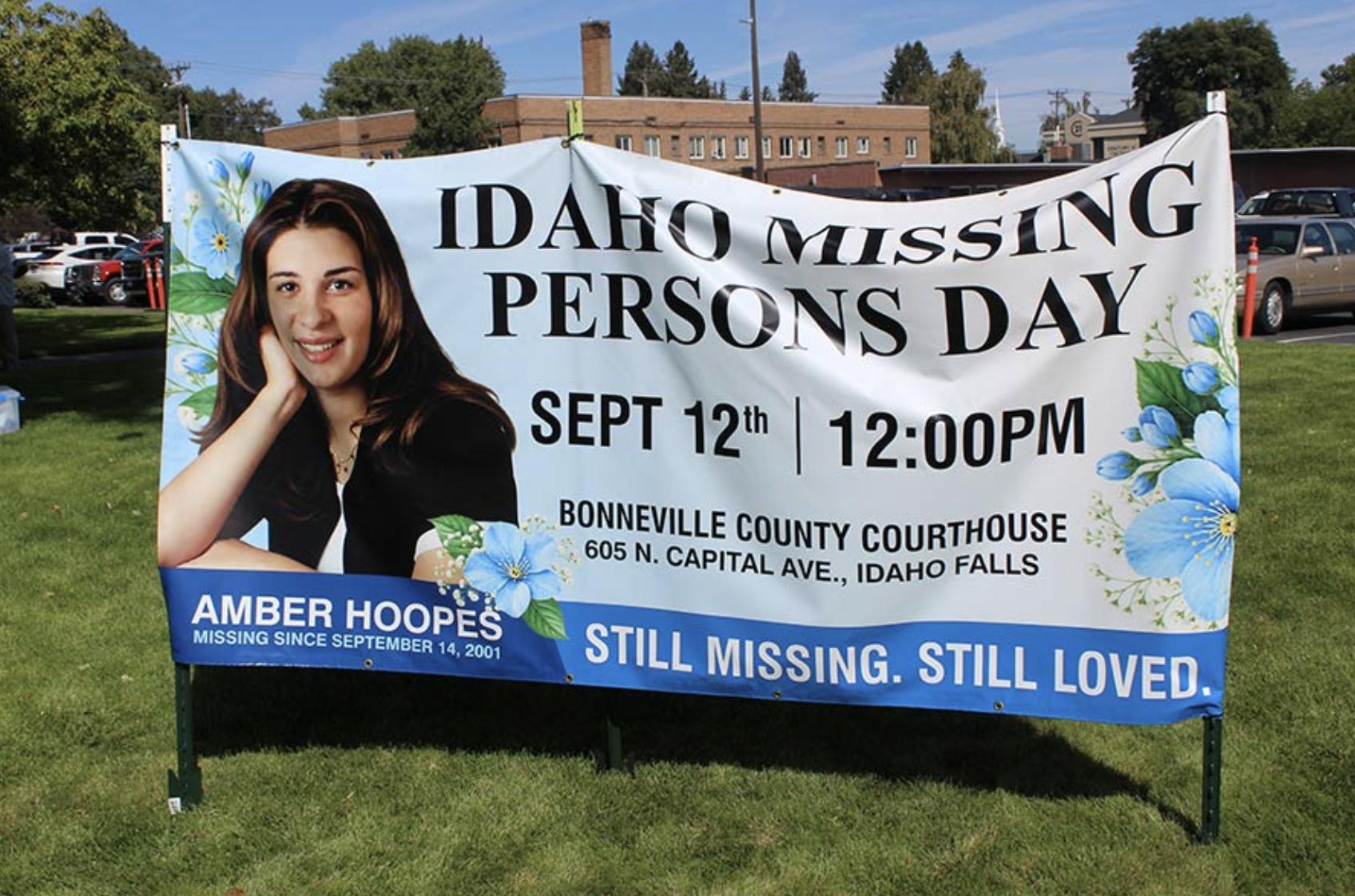 A banner shows Amber Hoopes at the Idaho Missing Person’s Day on Saturday.