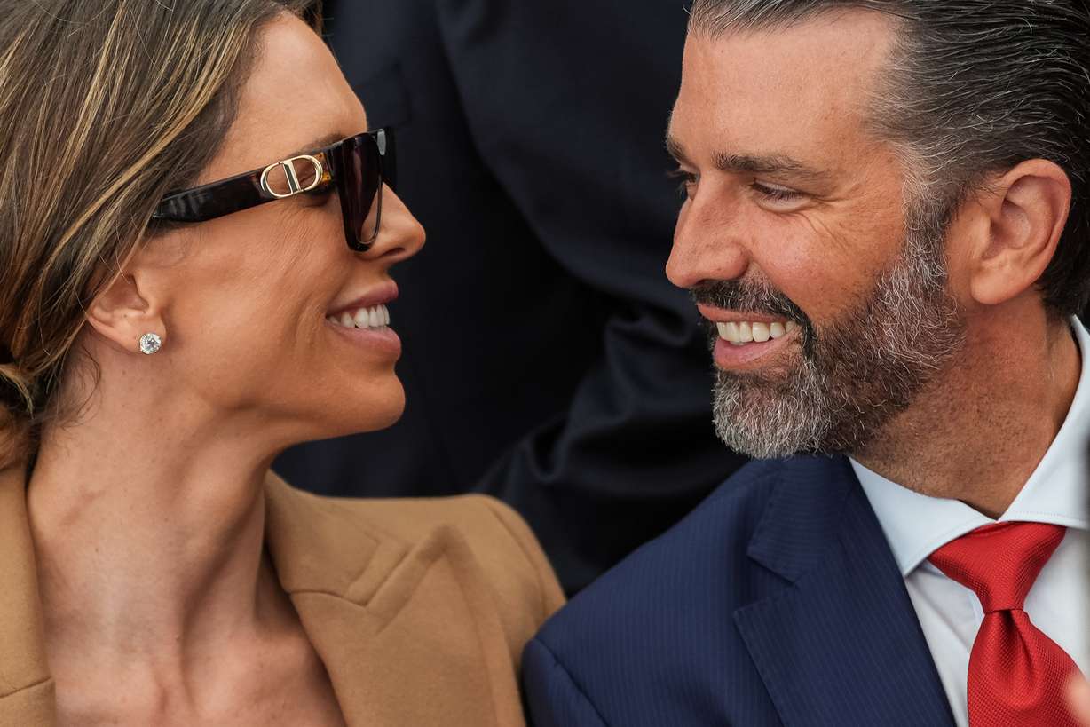 Donald Trump Jr. and his wife Bettina Anderson look at each other at Deerfield Residence, Saturday, Sept. 12, in Dublin.