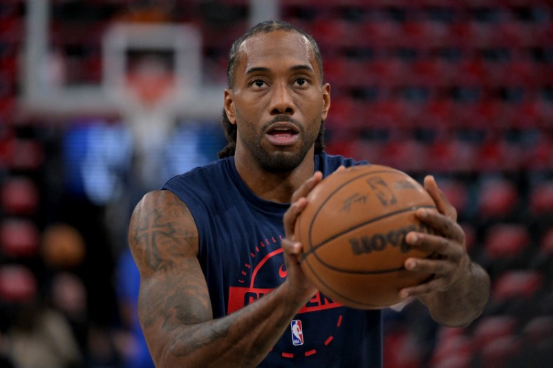 Apr 15, 2026; Inglewood, California, USA; Los Angeles Clippers forward Kawhi Leonard (2) warms up prior to the game against the Golden State Warriors in the play-in rounds of the 2026 NBA Playoffs at Intuit Dome.