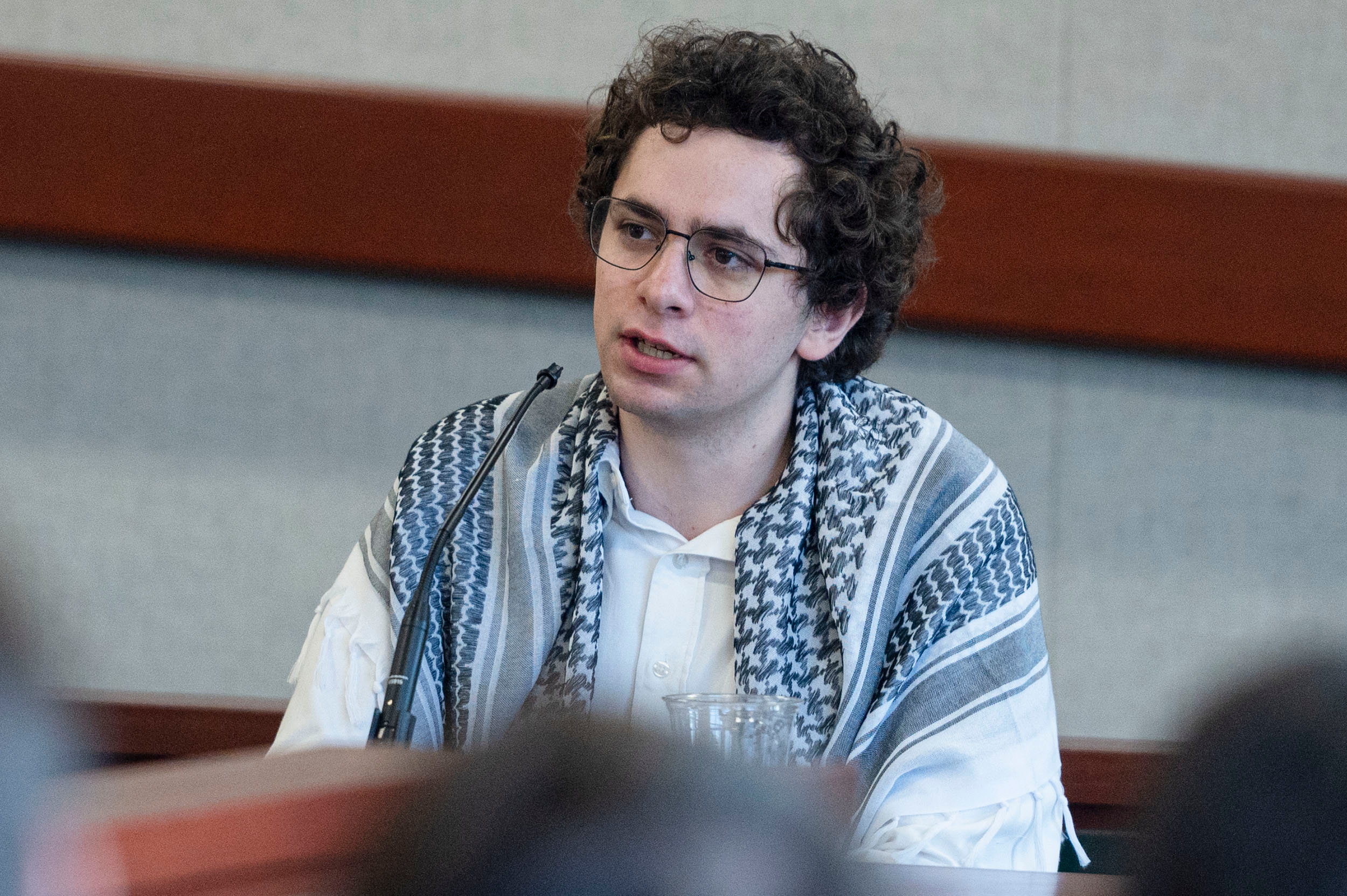Hisham Awartani testifies in court during Jason Eaton's trial in Chittenden Superior Criminal Court in Burlington, Vt., on Sunday.