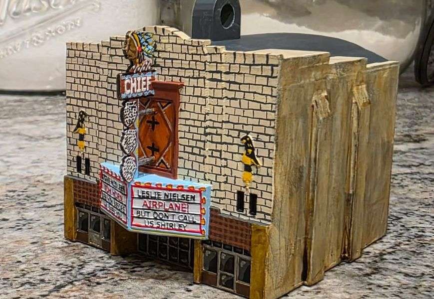 Jonah Saunders’ miniature replica of Pocatello’s iconic Chief Theater, a longtime local landmark that was demolished years ago.