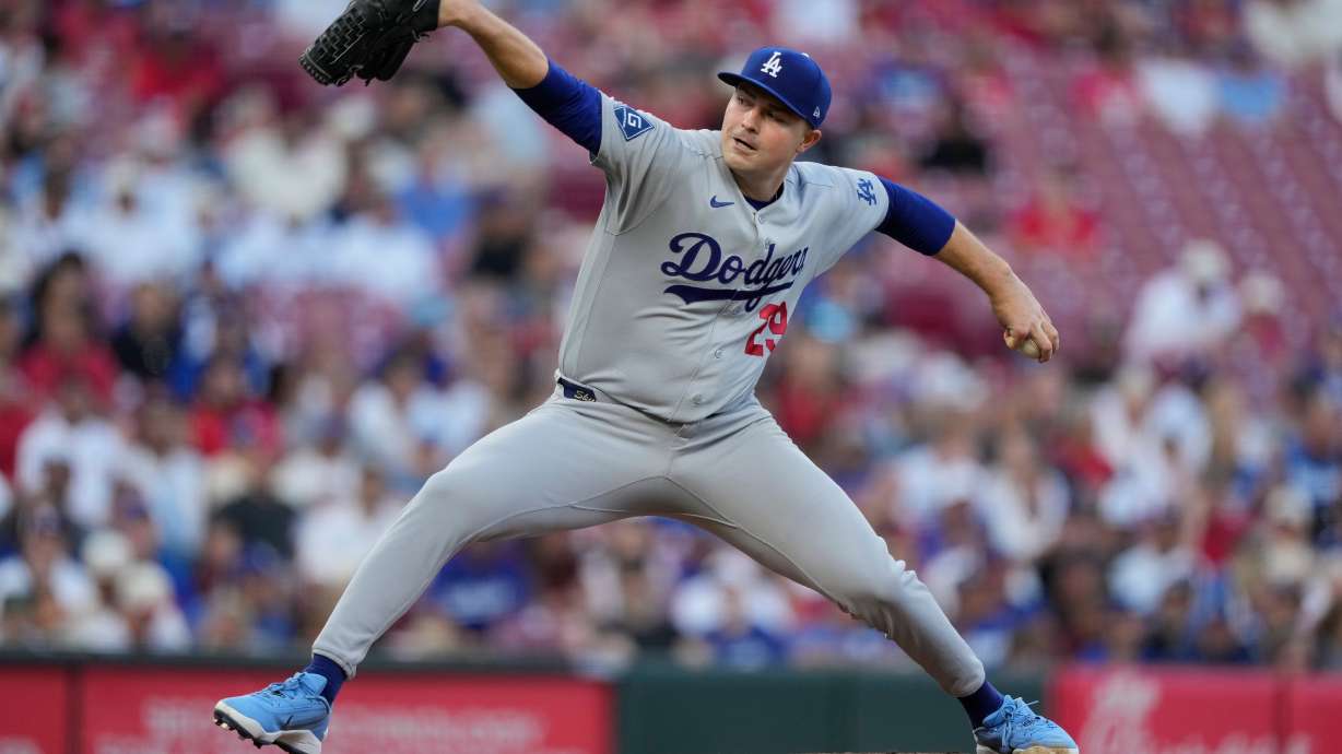 Los Angeles Dodgers pitcher Tarik Skubal throws during the second inning of a baseball game against the Cincinnati Reds, Monday, Sept. 14, 2026, in Cincinnati.