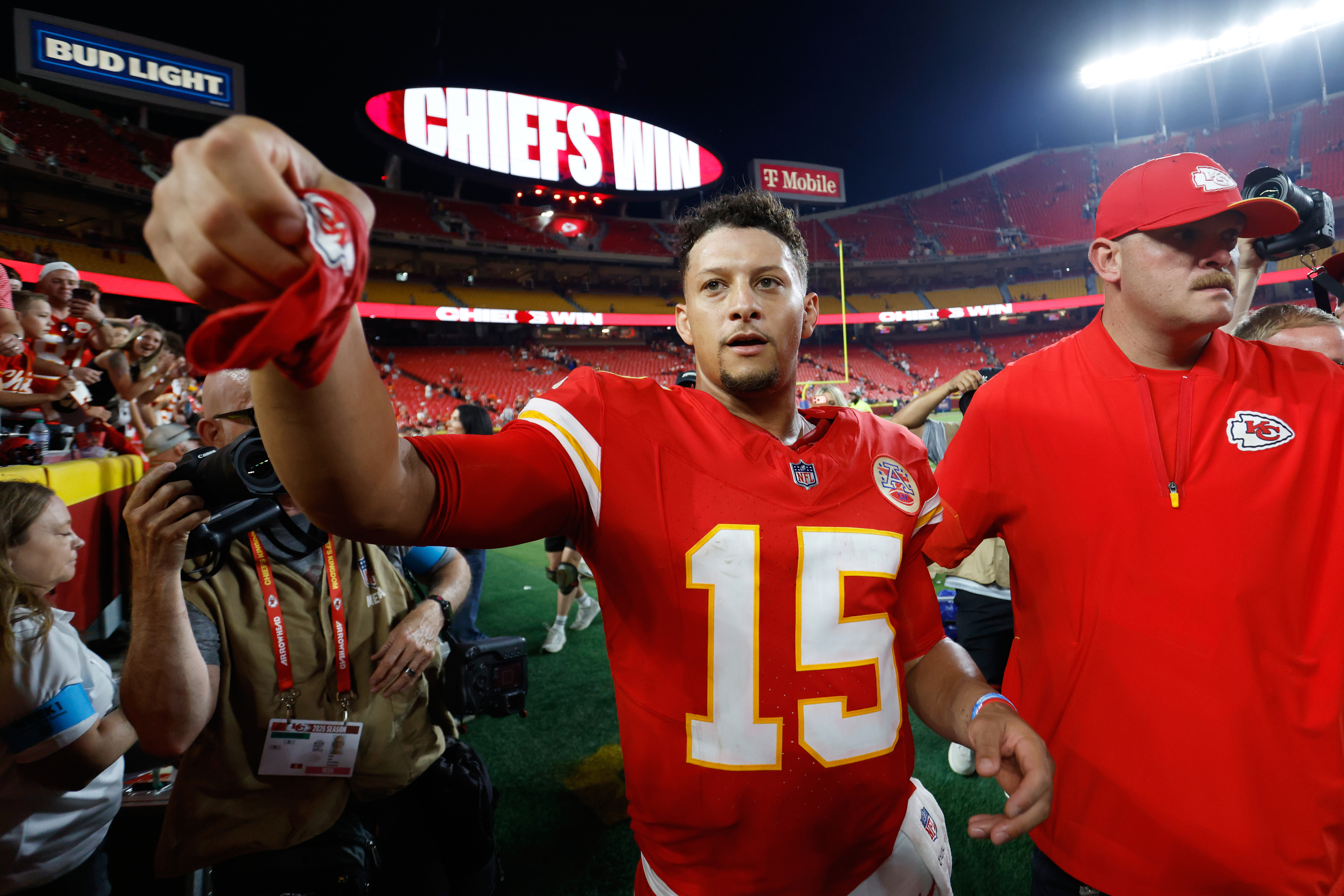 Kansas City Chiefs quarterback Patrick Mahomes leaves the field following an NFL football game against the Denver Broncos, Monday, Sept. 14, 2026, in Kansas City, Mo. 