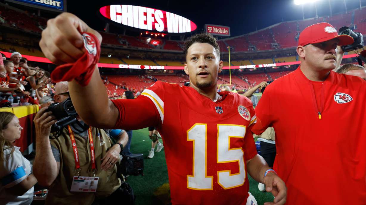 Kansas City Chiefs quarterback Patrick Mahomes leaves the field following an NFL football game against the Denver Broncos, Monday, Sept. 14, 2026, in Kansas City, Mo.