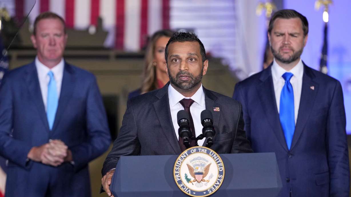 FBI Director Kash Patel speaks as Sen. Eric Schmitt, R-Mo., and Vice President JD Vance listen during an event at the FBI Field Office in Kansas City, Mo., Monday. Patel is set for a Senate hearing on Tuesday.