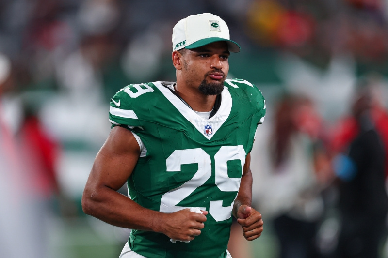 Aug 14, 2026; East Rutherford, New Jersey, USA; New York Jets safety Minkah Fitzpatrick (29) on the field after the game against Tampa Bay Buccaneers at MetLife Stadium.