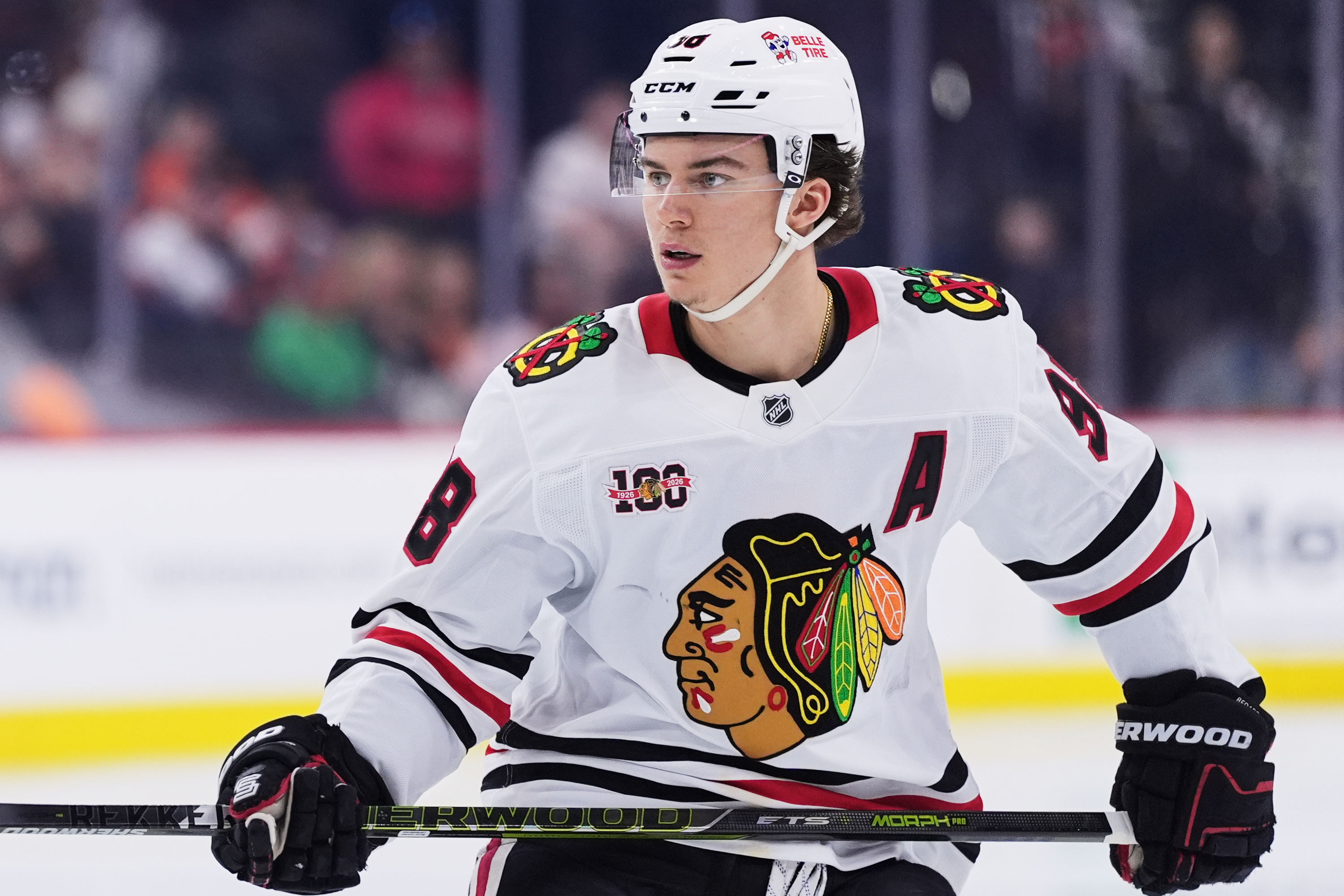 FILE - Chicago Blackhawks' Connor Bedard plays during an NHL hockey game Thursday, March 26, 2026, in Philadelphia. 