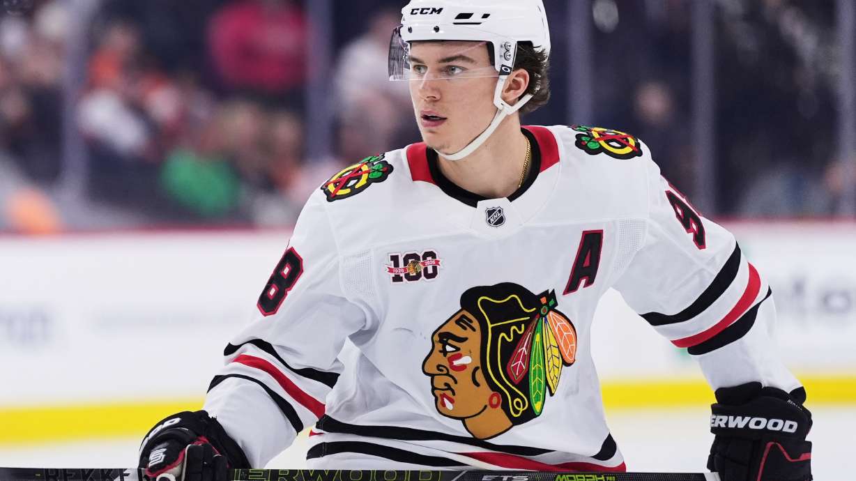 FILE - Chicago Blackhawks' Connor Bedard plays during an NHL hockey game Thursday, March 26, 2026, in Philadelphia.