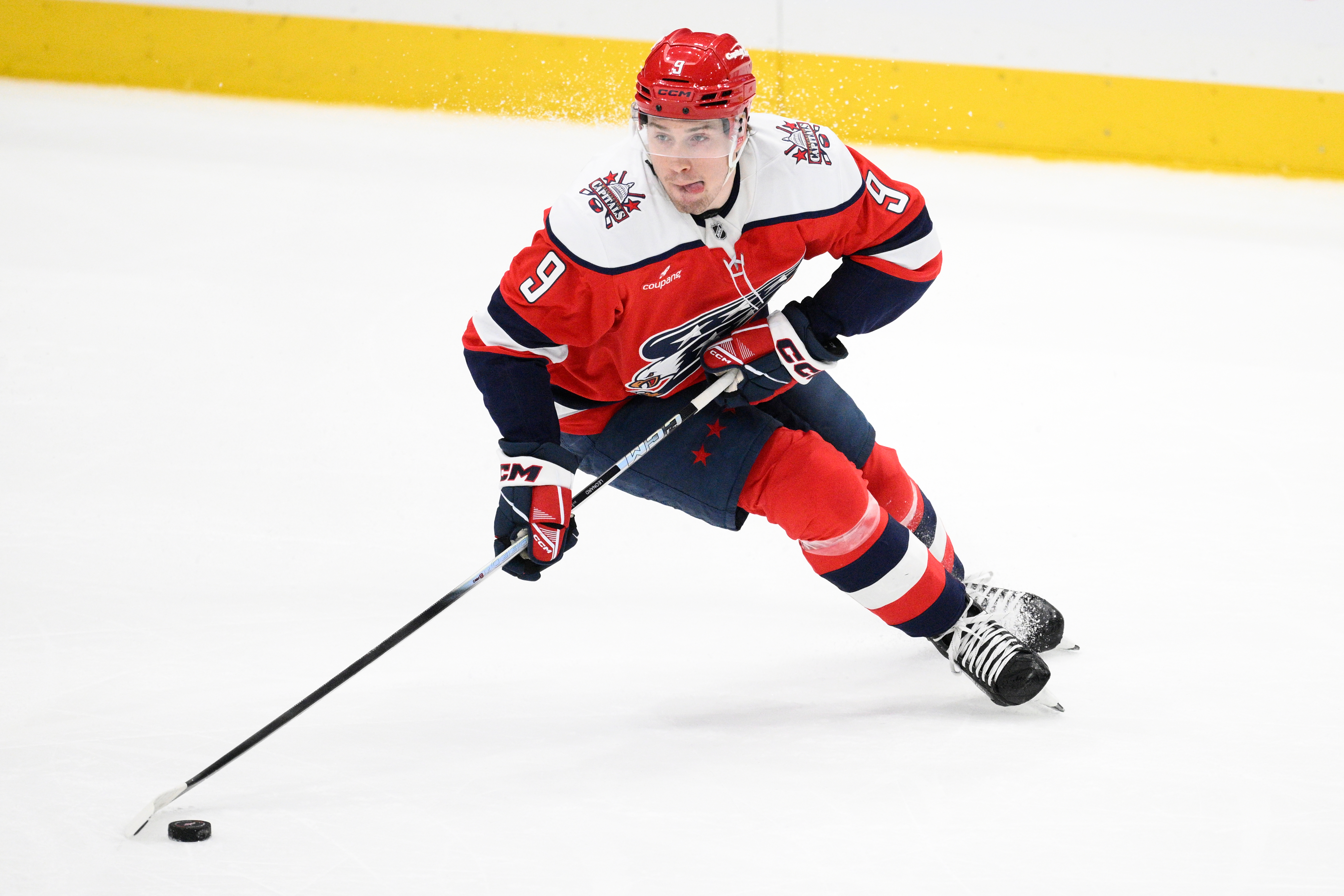 FILE - Washington Capitals right wing Ryan Leonard (9) in action during the third period of an NHL hockey game against the Utah Mammoth, March 3, 2026, in Washington. 