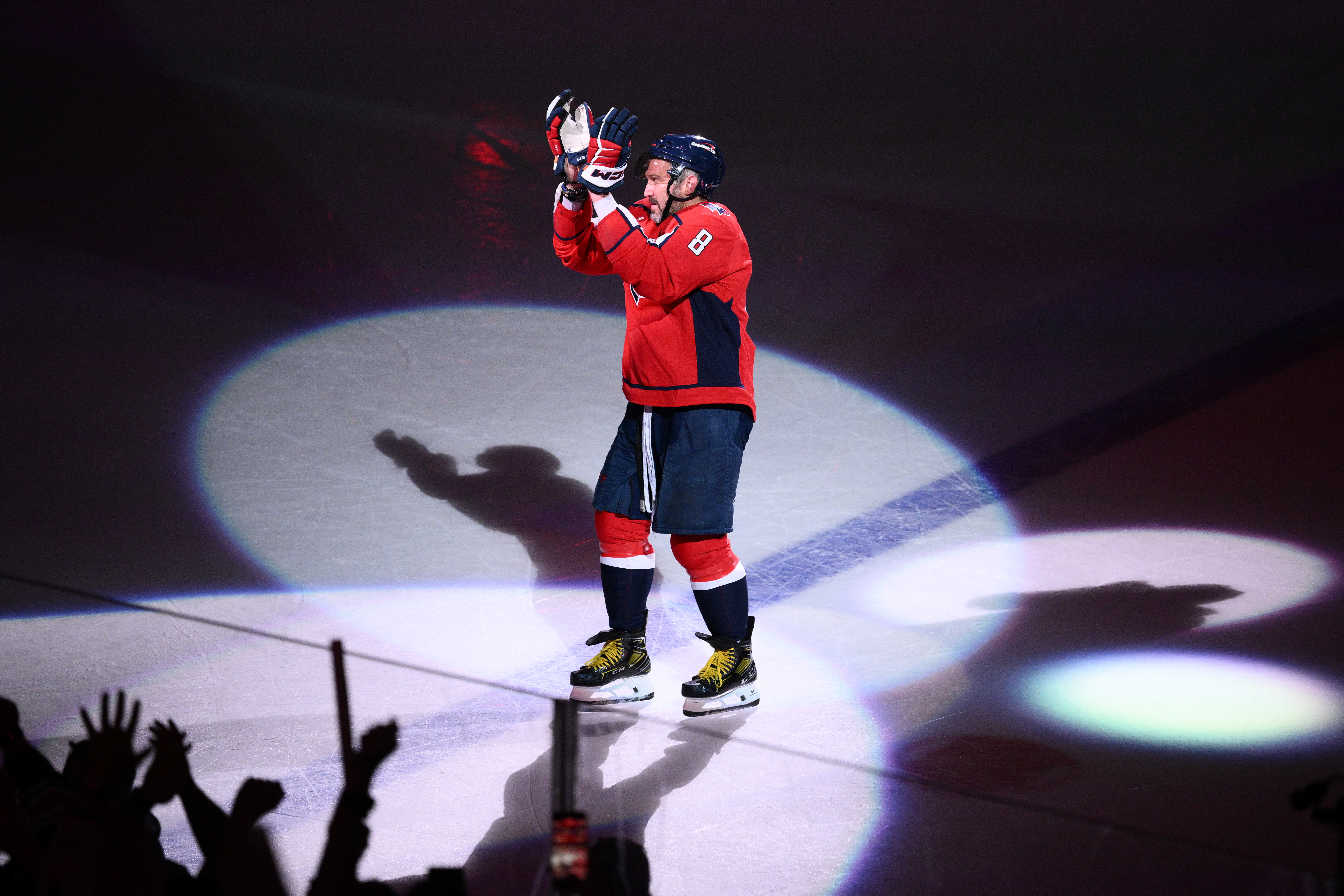 FILE - Washington Capitals left wing Alex Ovechkin reacts after he was named the first star after an NHL hockey game against the Pittsburgh Penguins, April 12, 2026, in Washington. 