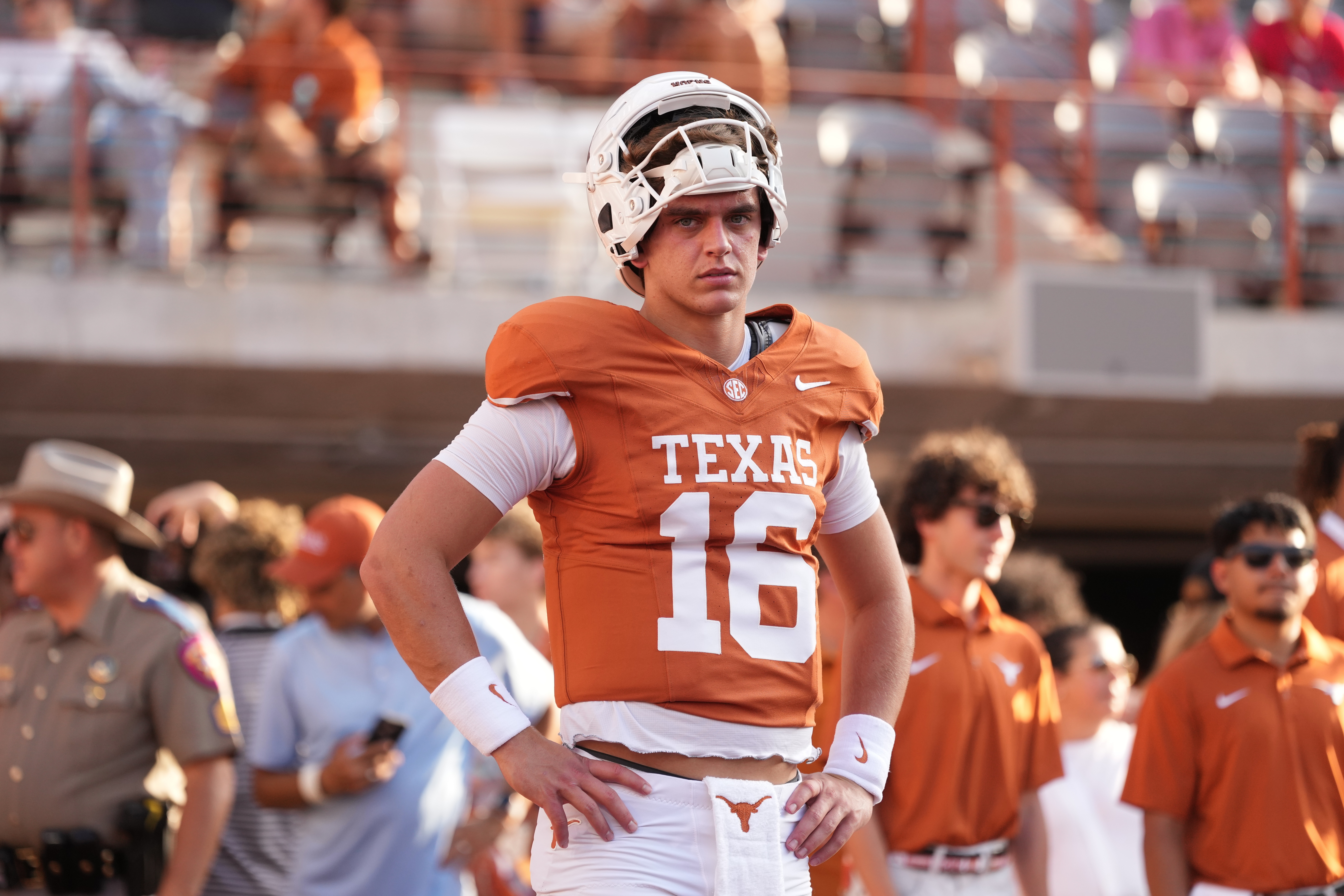 Texas quarterback Arch Manning (16) warms up before an NCAA college football game against Ohio State in Austin, Texas, Saturday, Sept. 12, 2026. 