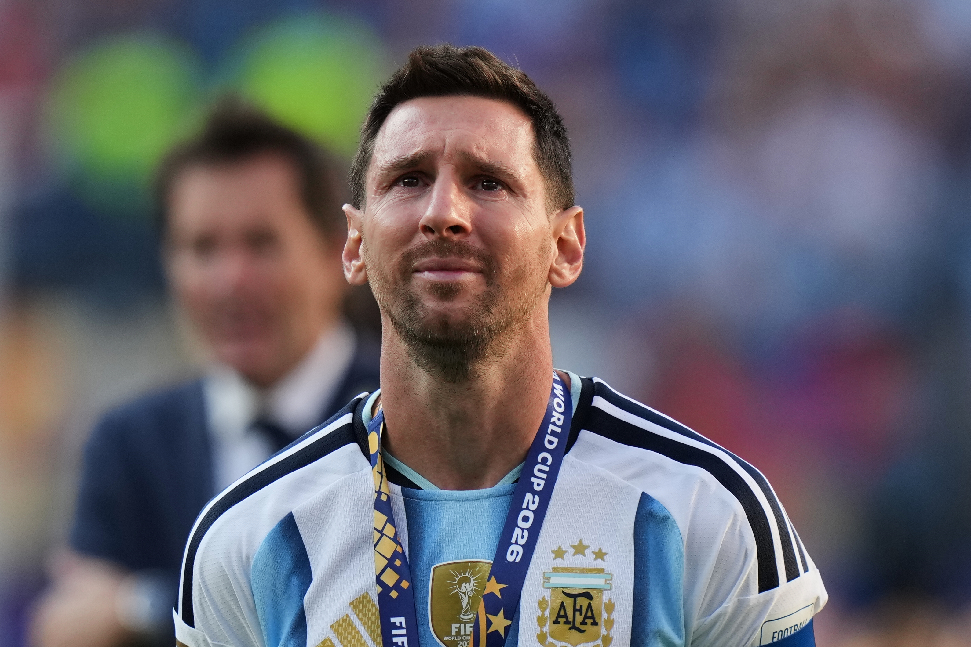 FILE - Argentina's Lionel Messi cries at the end of the World Cup final soccer match with Spain in East Rutherford, N.J., near New York, July 19, 2026. 