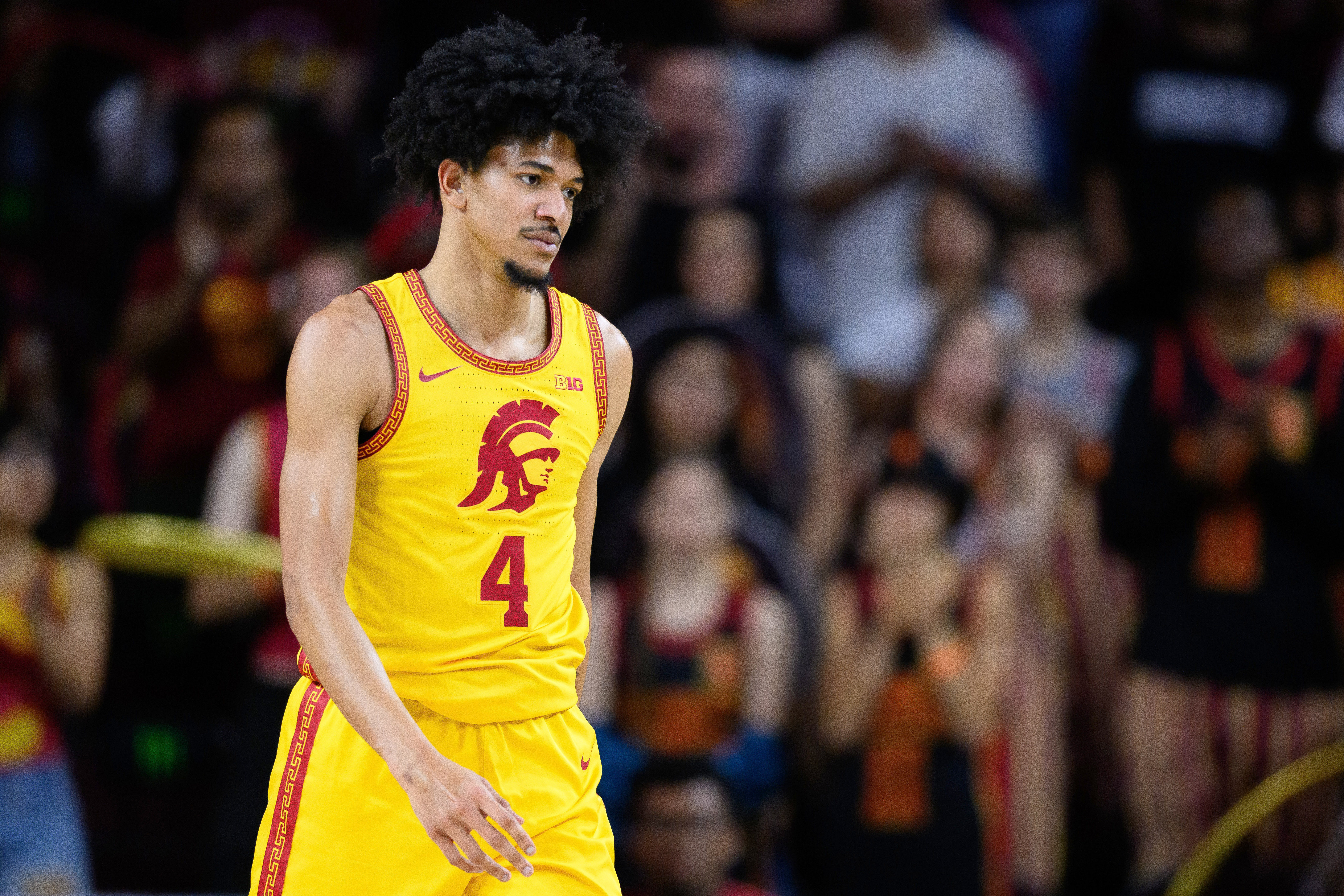 FILE - Southern California forward Chad Baker-Mazara walks on the court during the second half of an NCAA college basketball game against Nebraska, Feb. 28, 2026, in Los Angeles. 