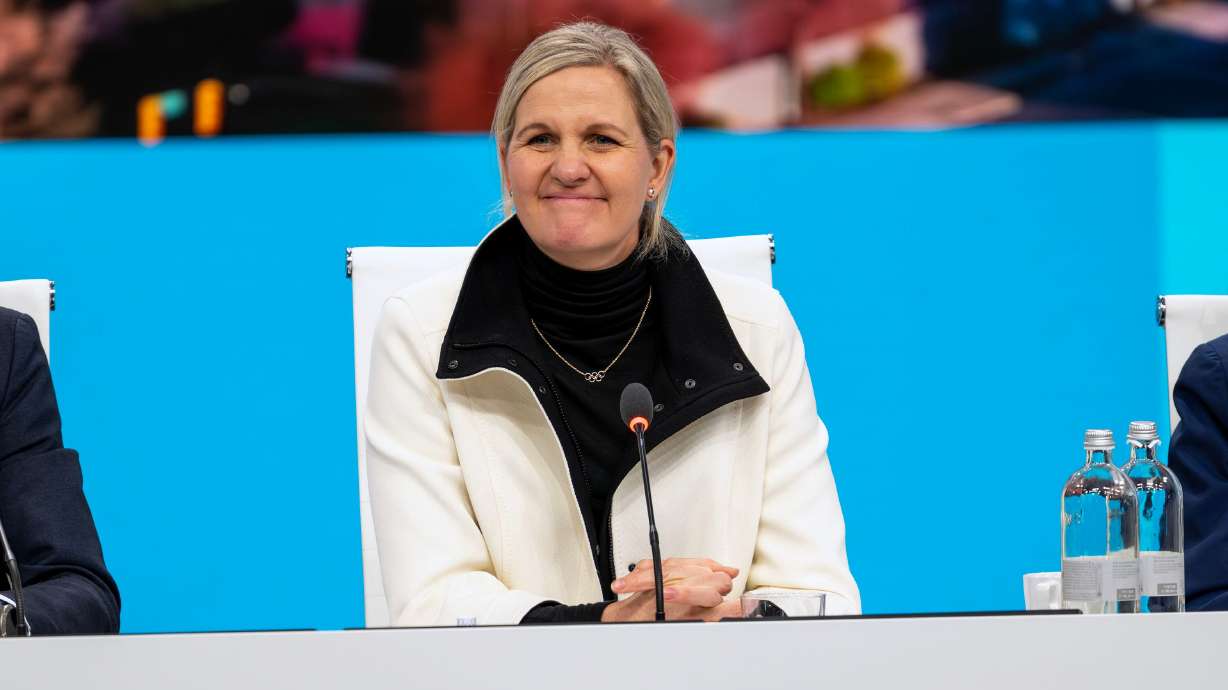IOC President Kirsty Coventry looks out into the audience as a member asks a question following Utah’s presentation to the IOC in Milan, Italy, on Tuesday, Feb. 3. International Olympic Committee President Kirsty Coventry is set to spend a day in Utah next week with organizers of the 2034 Winter Games .