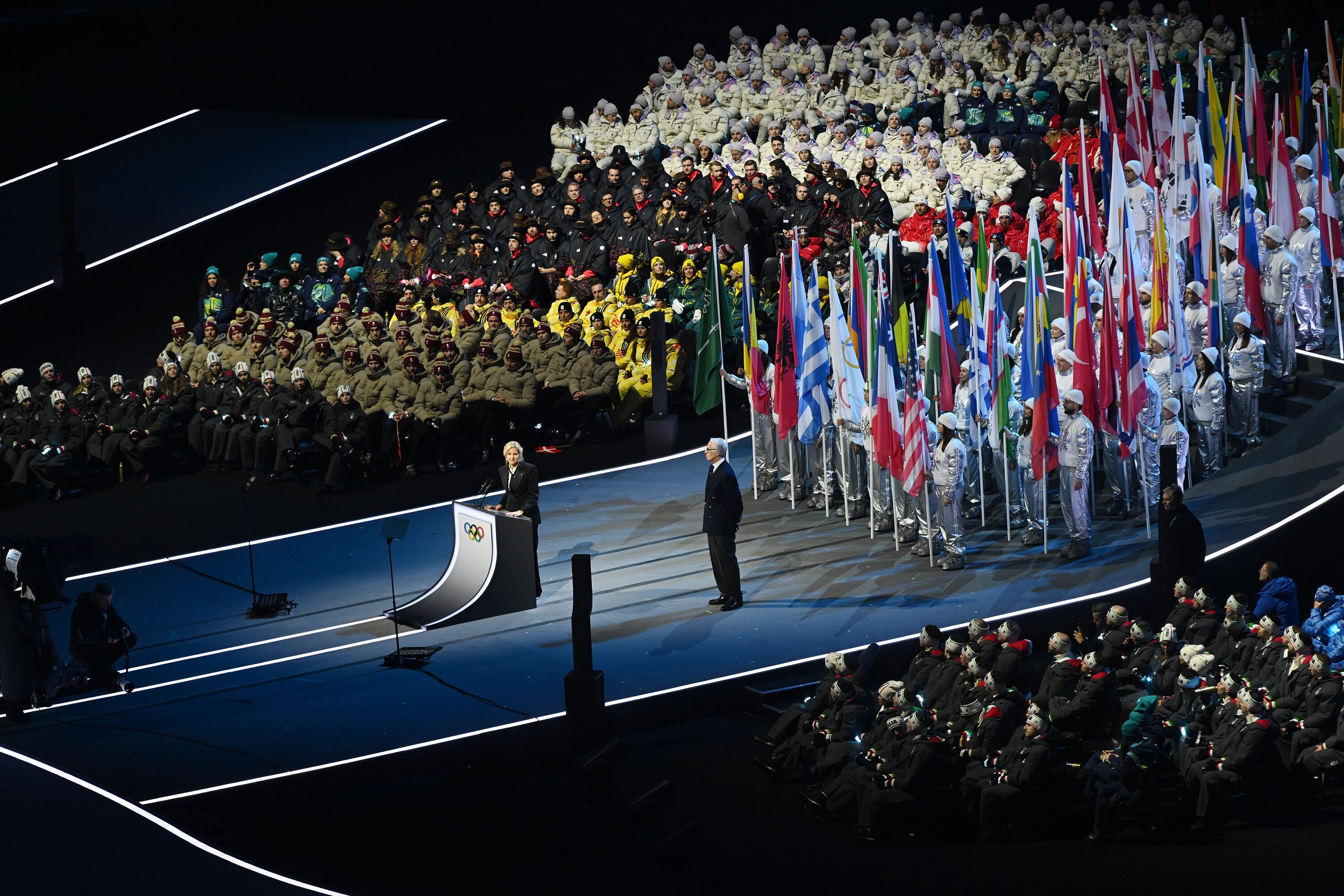 International Olympic Committee President Kirsty Coventry opens the 2026 Milan Cortina Winter Olympics in Milan, Italy, at the Opening Ceremonies on Friday, Feb. 6.