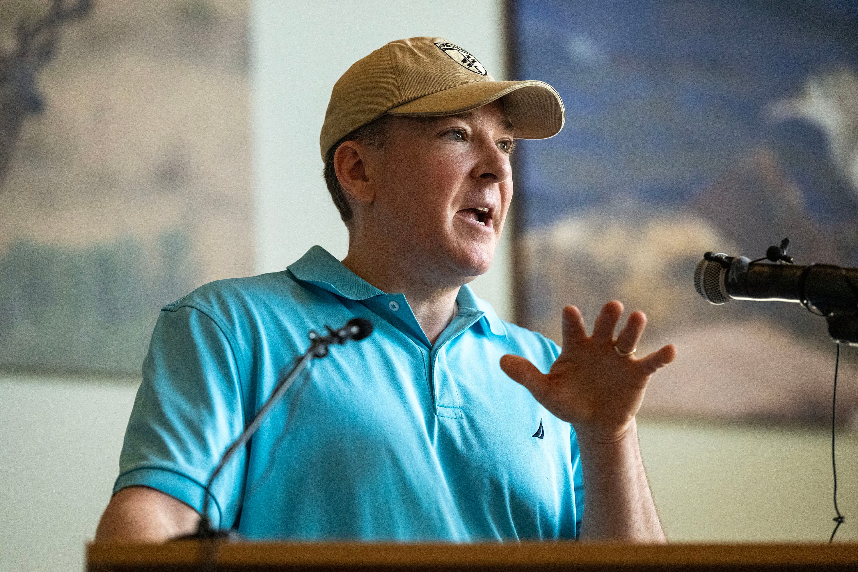 EPA Administrator Lee Zeldin speaks at a short media gathering after he, Sen. John Curtis and Executive Director of the Utah Department of Environmental Quality Tim Davis went on an airboat tour of a portion of the Great Salt Lake near Farmington Bay on May 23. The EPA rolled back Biden-era power plant emissions regulations on Sept. 14.