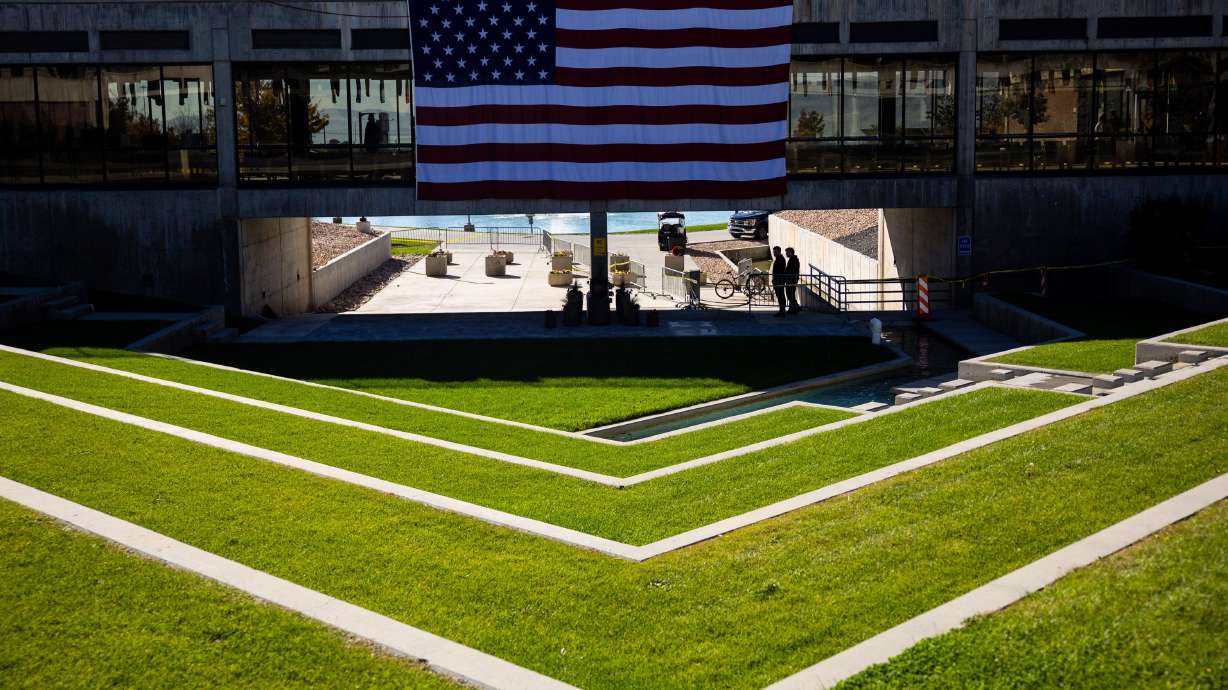 An American flag is hung over Utah Valley University's courtyard in Orem on Oct. 21, hung up after Charlie Kirk, conservative activist and cofounder of Turning Point USA, was fatally shot. Kirk's killing led to the school receiving a low grade on an annual free speech survey.