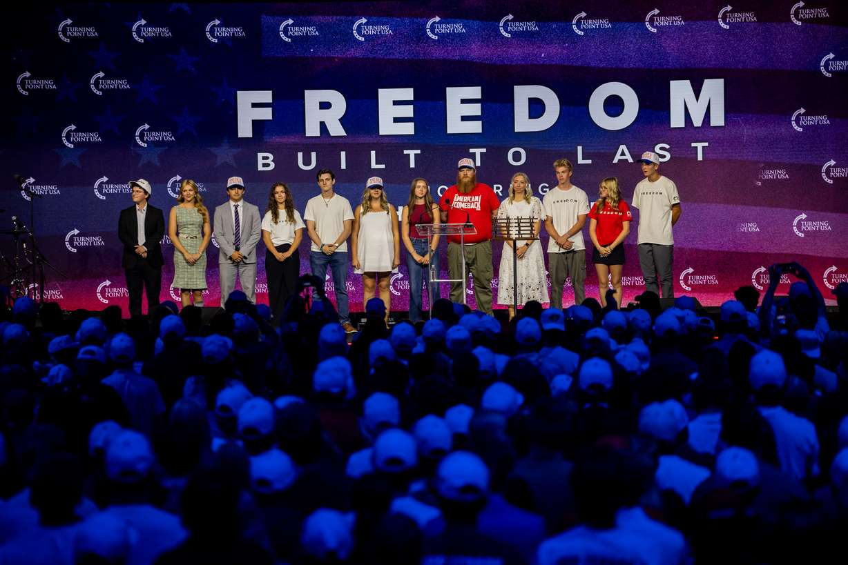 Turning Point USA’s Utah Valley University chapter members receive plaques at The Freedom Built to Last Memorial Honoring Charlie Kirk hosted by Turning Point USA at the UCCU Center in Orem on Thursday. UVU has faced more controversy for increased perceived censorship since Kirk's assassination.