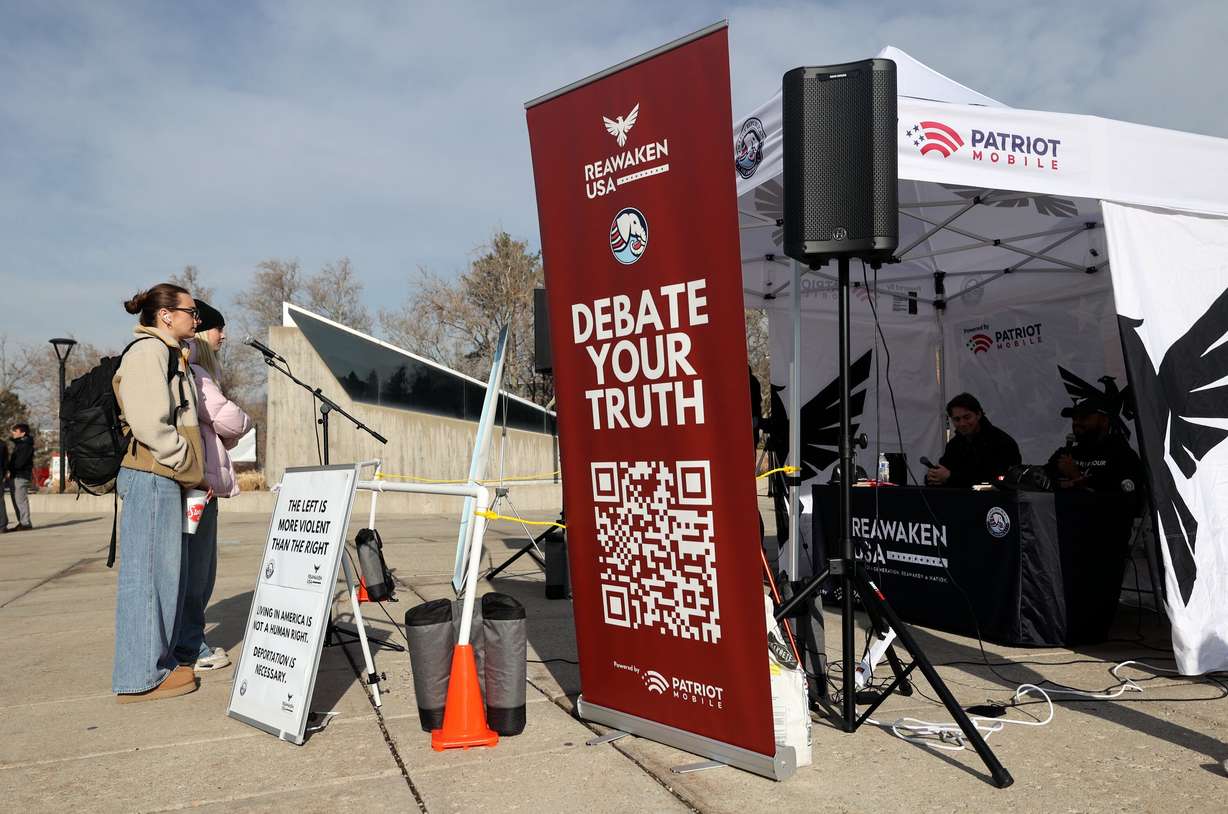University of Utah sophomores Maia Laule and Hailey Watts participate in a conversation during the Utah Federation of College Republicans' Reawaken Tour open mic debate at the University of Utah in Salt Lake City on Jan. 13. The U. received a "D-" from FIRE for free speech on campus.