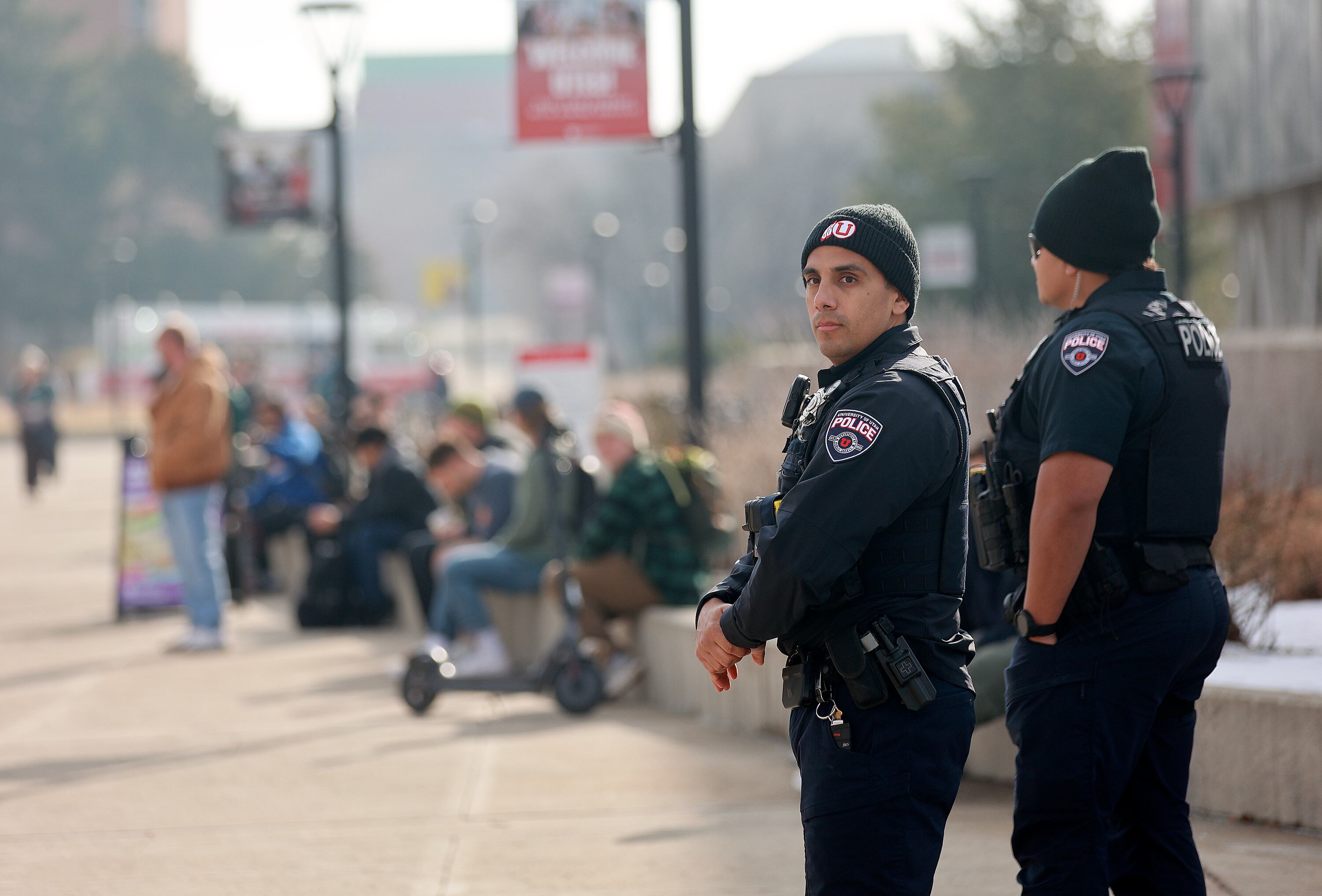 University of Utah police officers Ricardo Solorzano and V. Tali maintain a presence outside the J. Willard Marriott Library as the Utah Federation of College Republicans holds a Reawaken Tour open mic debate at the University of Utah in Salt Lake City on Jan. 13. The school released a statement encouraging students to engage in debate.