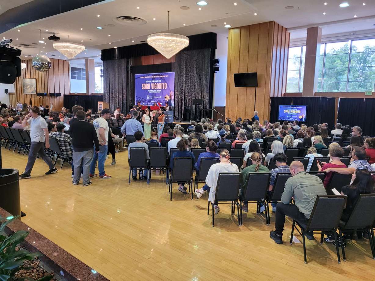 About 900 people came to the University of Utah on Tuesday to listen to the story of Sora Vigorito, a twin who survived the Auschwitz II-Birkenau death camps.