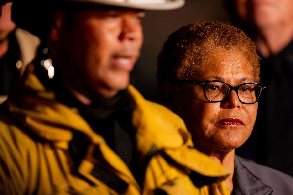 Los Angeles Mayor Karen Bass attends a news conference at the scene of a helicopter crash in Chatsworth, a neighborhood in Los Angeles, Tuesday. Bass called the deaths in the crash "very painful."