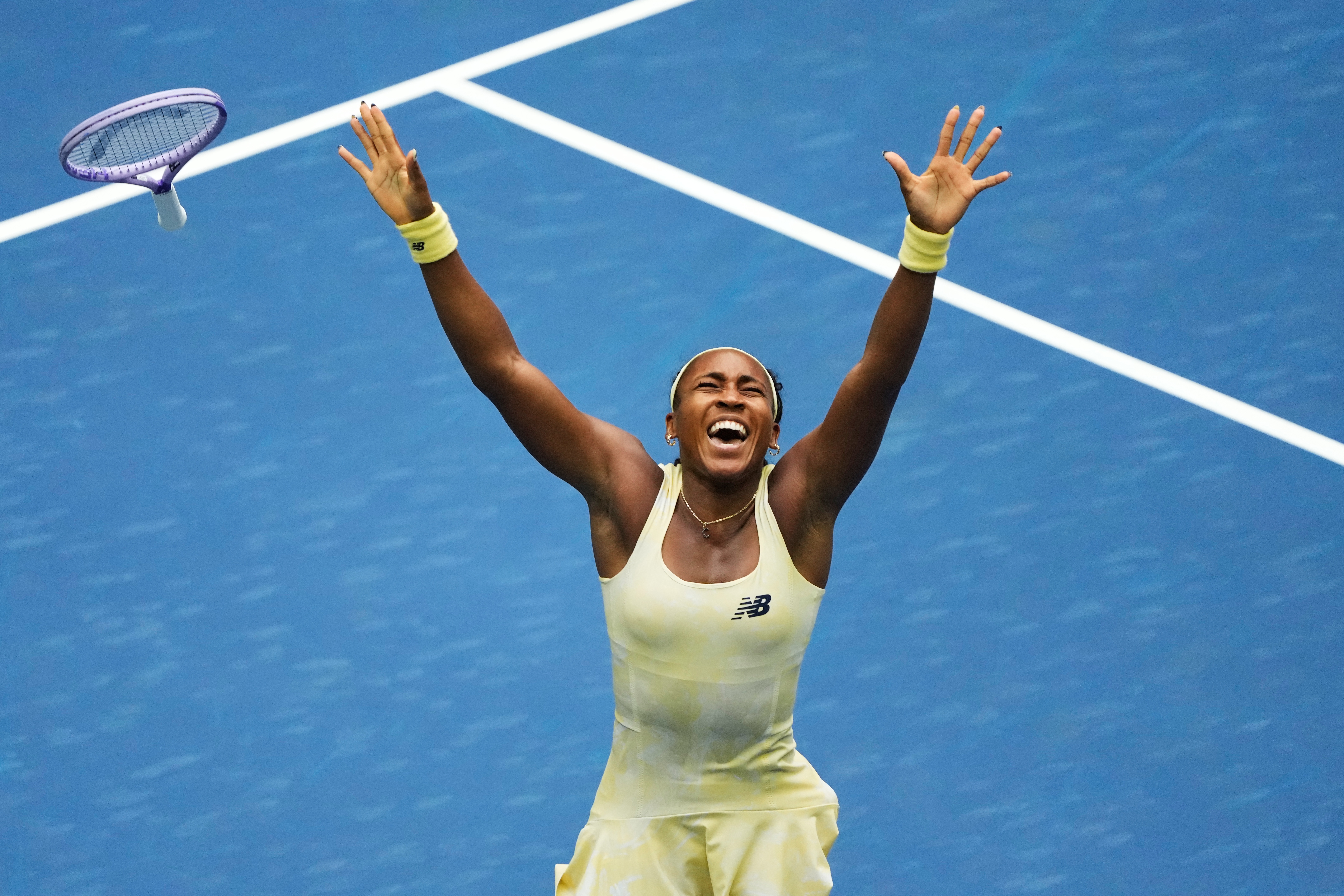 Coco Gauff, of the United States, celebrates winning a match against Mirra Andreeva, of Russia, during the quarterfinal round of the U.S. Open tennis championships, Wednesday, Sept. 9, 2026, in New York. 