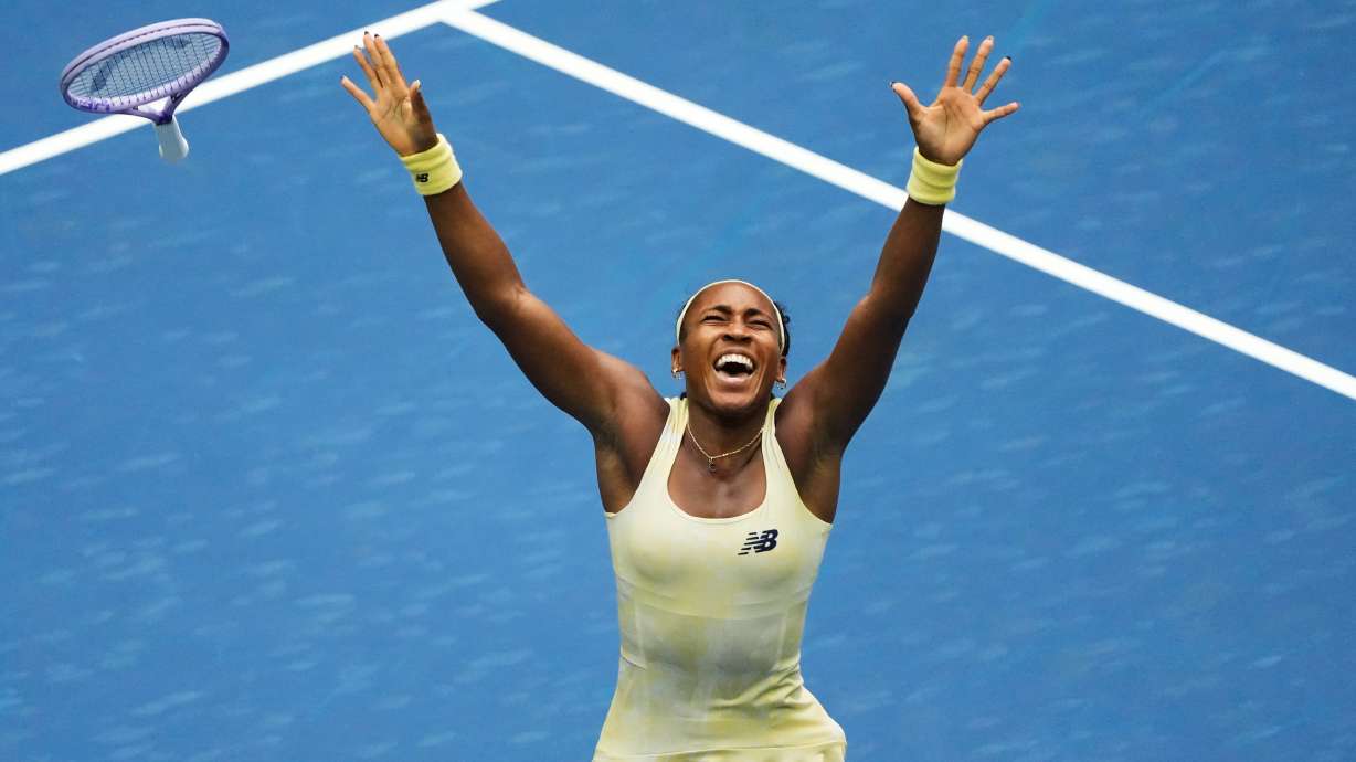 Coco Gauff, of the United States, celebrates winning a match against Mirra Andreeva, of Russia, during the quarterfinal round of the U.S. Open tennis championships, Wednesday, Sept. 9, 2026, in New York.
