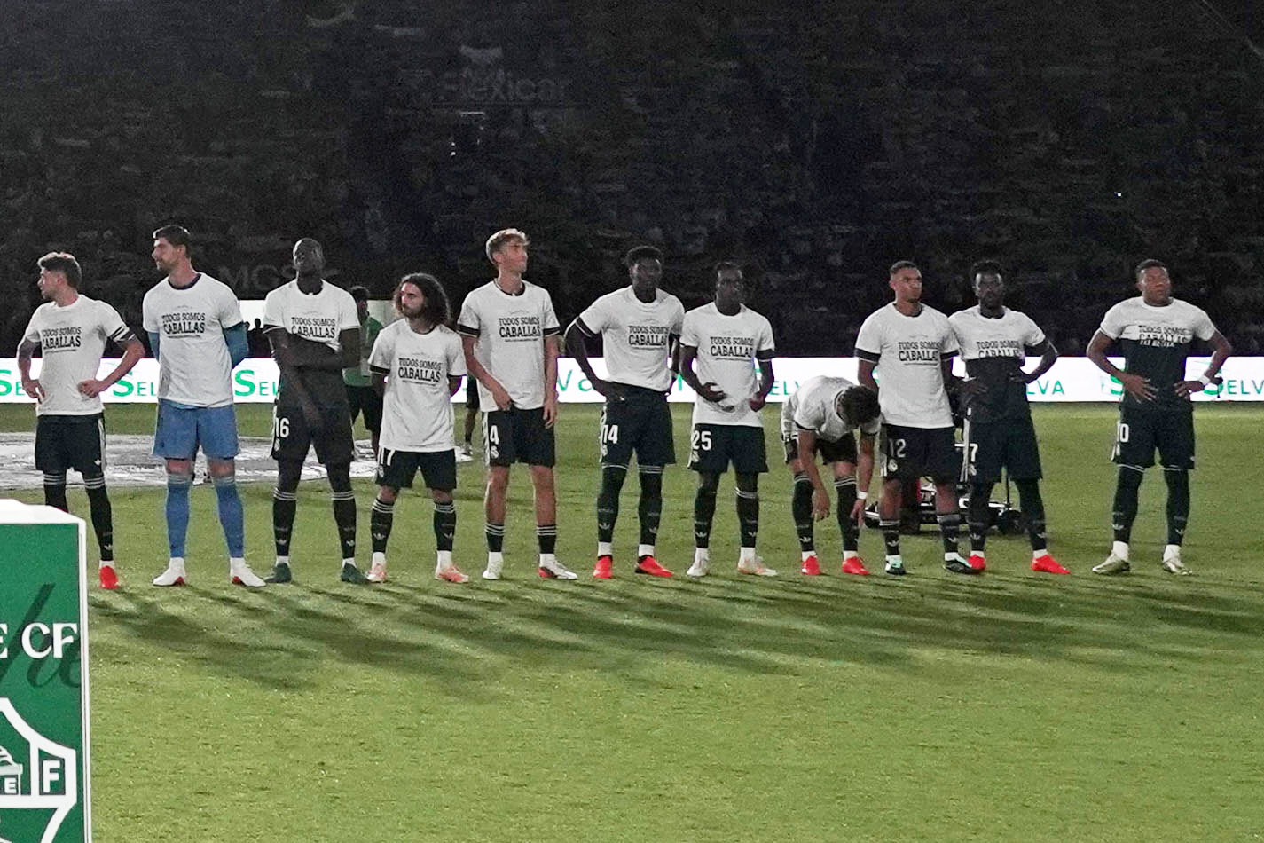 Real Madrid's players line up for the Spanish La Liga soccer match between Elche and Real Madrid in Elche, Spain, Tuesday, Sept. 15, 2026. 