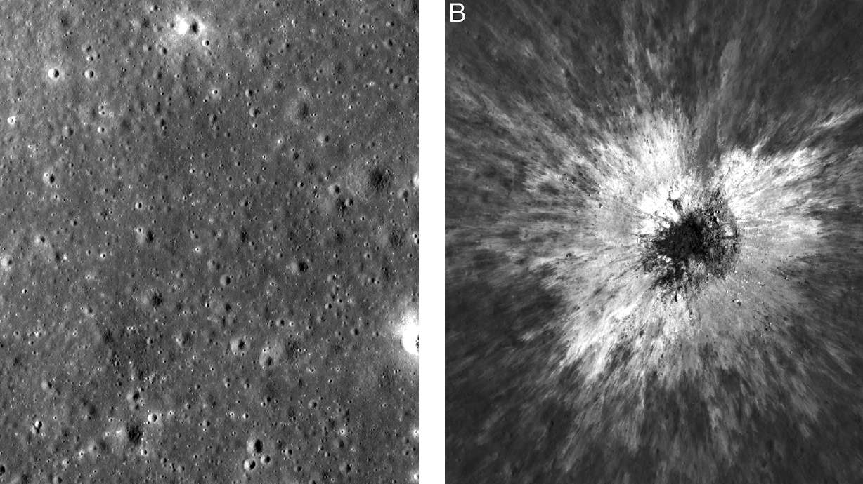 This combination of photos made by NASA's Lunar Reconnaissance Orbiter shows the same area on the surface of the moon before and after a newly-discovered crater in May 2024.