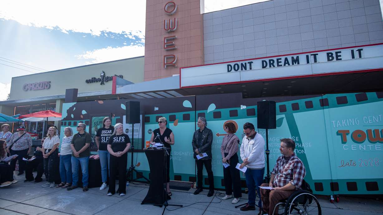 Salt Lake Film Society officials discuss the future of the Tower Theatre in Salt Lake City on Wednesday. The organization says it plans to begin renovations next year.