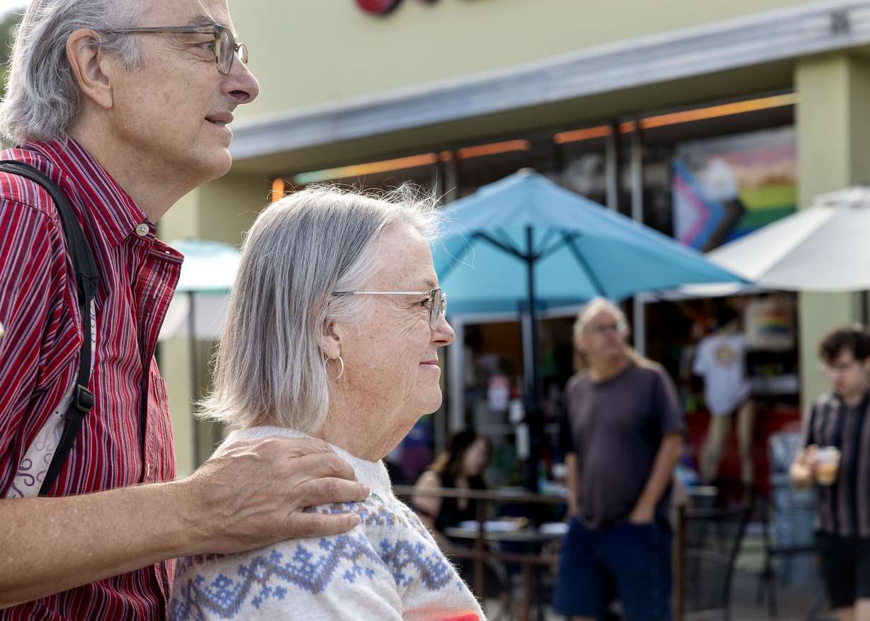 Barb Guy and her husband, Chris Rohrer, attend an event where details about the Tower Theatre’s reconstruction progress were announced in Salt Lake City on Wednesday.