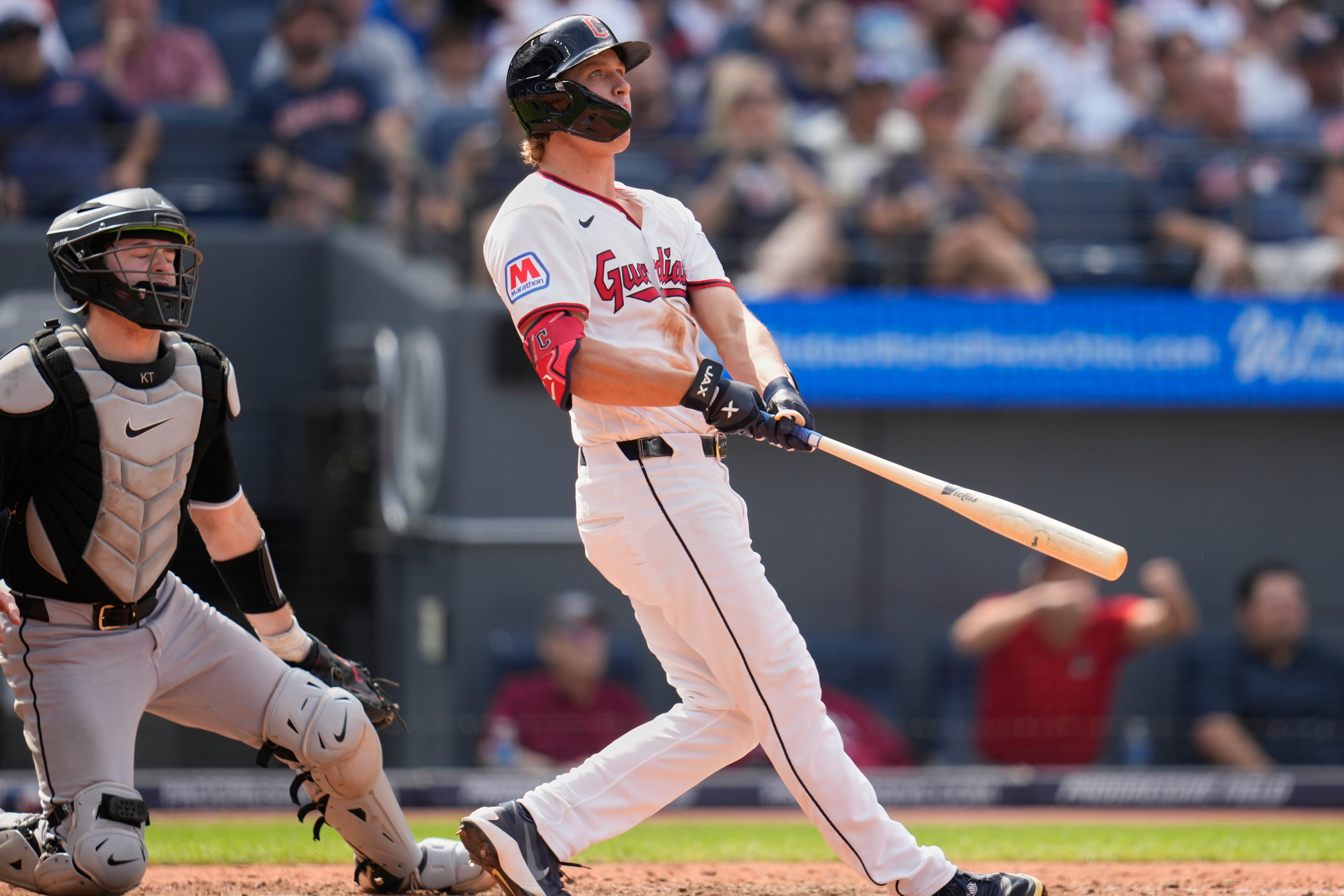 Cleveland Guardians' Petey Halpin, right, and catcher Kyle Teel, left, watch Halpin''s three-run home run in the sixth inning of a baseball game in Cleveland, Wednesday, Sept. 16, 2026. 